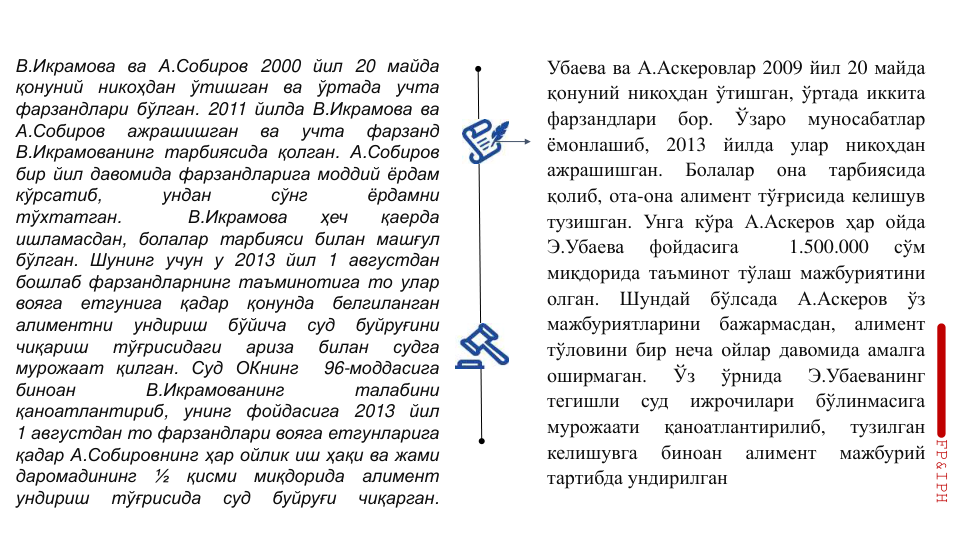 Убаева ва А.Аскеровлар 2009 йил 20 майда
қонуний никоҳдан ўтишган, ўртада иккита
фарзандлари
бор.
Ўзаро
муносабатлар
ёмонлашиб,
2013
йилда
улар
никоҳдан
ажрашишган.
Болалар
она
тарбиясида
қолиб, ота-она алимент тўғрисида келишув
тузишган. Унга кўра А.Аскеров ҳар ойда
Э.Убаева
фойдасига
1.500.000
сўм
миқдорида таъминот тўлаш мажбуриятини
олган.
Шундай
бўлсада
А.Аскеров
ўз
мажбуриятларини
бажармасдан,
алимент
тўловини бир неча ойлар давомида амалга
оширмаган.
Ўз
ўрнида
Э.Убаеванинг
тегишли
суд
ижрочилари
бўлинмасига
мурожаати
қаноатлантирилиб,
тузилган
келишувга
биноан
алимент
мажбурий
тартибда ундирилган
В.Икрамова ва А.Собиров 2000 йил 20 майда
қонуний
никоҳдан
ўтишган
ва
ўртада
учта
фарзандлари бўлган. 2011 йилда В.Икрамова ва
А.Собиров
ажрашишган
ва
учта
фарзанд
В.Икрамованинг тарбиясида қолган. А.Собиров
бир йил давомида фарзандларига моддий ёрдам
кўрсатиб,
ундан
сўнг
ёрдамни
тўхтатган.
В.Икрамова
ҳеч
қаерда
ишламасдан, болалар тарбияси билан машғул
бўлган. Шунинг учун у 2013 йил 1 августдан
бошлаб фарзандларнинг таъминотига то улар
вояга
етгунига
қадар
қонунда
белгиланган
алиментни
ундириш
бўйича
суд
буйруғини
чиқариш
тўғрисидаги
ариза
билан
судга
мурожаат қилган. Суд ОКнинг
96-моддасига
биноан
В.Икрамованинг
талабини
қаноатлантириб,
унинг
фойдасига
2013
йил
1 августдан то фарзандлари вояга етгунларига
қадар А.Собировнинг ҳар ойлик иш ҳақи ва жами
даромадининг
½
қисми
миқдорида
алимент
ундириш
тўғрисида
суд
буйруғи
чиқарган.
FP&IPH

