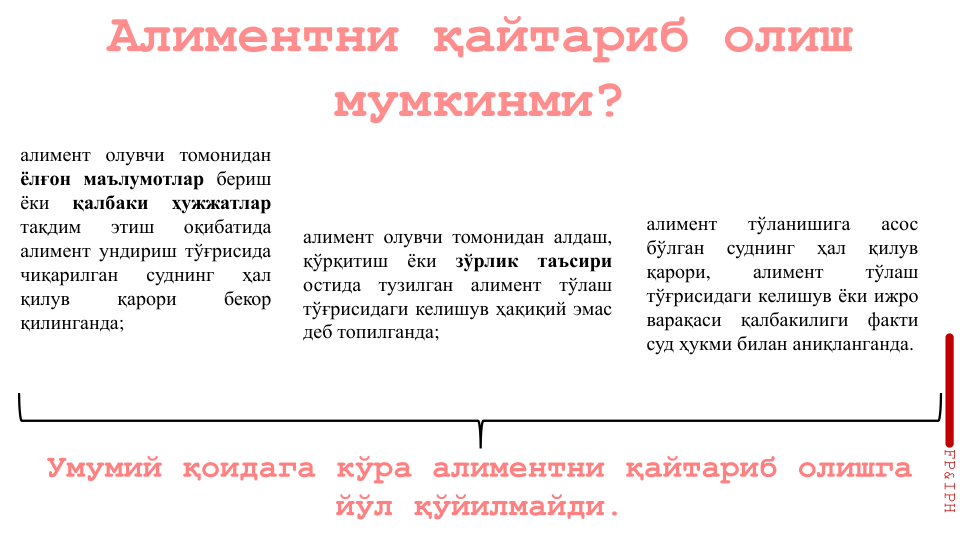 алимент олувчи томонидан
ёлғон маълумотлар бериш
ёки
қалбаки
ҳужжатлар
тақдим
этиш
оқибатида
алимент ундириш тўғрисида
чиқарилган
суднинг
ҳал
қилув
қарори
бекор
қилинганда;
алимент олувчи томонидан алдаш,
қўрқитиш
ёки
зўрлик
таъсири
остида
тузилган
алимент
тўлаш
тўғрисидаги келишув ҳақиқий эмас
деб топилганда;
алимент
тўланишига
асос
бўлган
суднинг
ҳал
қилув
қарори,
алимент
тўлаш
тўғрисидаги келишув ёки ижро
варақаси
қалбакилиги
факти
суд ҳукми билан аниқланганда.
FP&IPH

