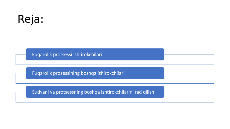Reja:
Fuqarolik protsessi ishtirokchilari 
Fuqarolik prosessining boshqa ishirokchilari
Sudyani va protsessning boshqa ishtirokchilarini rad qilish

