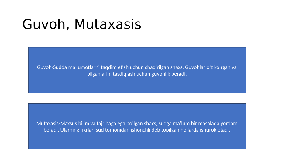 Guvoh, Mutaxasis
Guvoh-Sudda ma’lumotlarni taqdim etish uchun chaqirilgan shaxs. Guvohlar o‘z ko‘rgan va 
bilganlarini tasdiqlash uchun guvohlik beradi.
Mutaxasis-Maxsus bilim va tajribaga ega bo‘lgan shaxs, sudga ma’lum bir masalada yordam 
beradi. Ularning fikrlari sud tomonidan ishonchli deb topilgan hollarda ishtirok etadi.
