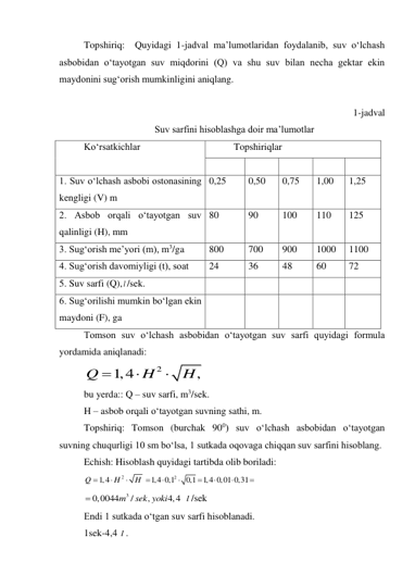 Topshiriq:  Quyidagi 1-jadval ma’lumotlaridan foydalanib, suv o‘lchash 
asbobidan o‘tayotgan suv miqdorini (Q) va shu suv bilan necha gektar ekin 
maydonini sug‘orish mumkinligini aniqlang. 
 
 
 
 
 
 
 
 
 
 
1-jadval 
Suv sarfini hisoblashga doir ma’lumotlar 
Ko‘rsatkichlar 
Topshiriqlar 
1 
2 
3 
4 
5 
1. Suv o‘lchash asbobi ostonasining 
kengligi (V) m 
0,25 
0,50 
0,75 
1,00 
1,25 
2. Asbob orqali o‘tayotgan suv 
qalinligi (H), mm 
80 
90 
100 
110 
125 
3. Sug‘orish me’yori (m), m3/ga 
800 
700 
900 
1000 
1100 
4. Sug‘orish davomiyligi (t), soat 
24 
36 
48 
60 
72 
5. Suv sarfi (Q),l /sek. 
- 
- 
- 
- 
- 
6. Sug‘orilishi mumkin bo‘lgan ekin 
maydoni (F), ga 
- 
- 
- 
- 
- 
Tomson suv o‘lchash asbobidan o‘tayotgan suv sarfi quyidagi formula 
yordamida aniqlanadi: 
2
1,4
,
Q
H
H



 
bu yerda:: Q – suv sarfi, m3/sek. 
H – asbob orqali o‘tayotgan suvning sathi, m. 
Topshiriq: Tomson (burchak 900) suv o‘lchash asbobidan o‘tayotgan 
suvning chuqurligi 10 sm bo‘lsa, 1 sutkada oqovaga chiqqan suv sarfini hisoblang. 
Echish: Hisoblash quyidagi tartibda olib boriladi: 
2
1,4
Q
H
H



1,4 0,12
0,1
1,4 0,01 0,31






      
0,0044 3
/
,
4,4
m
sek yoki

 l /sek 
Endi 1 sutkada o‘tgan suv sarfi hisoblanadi. 
1sek-4,4 l . 
