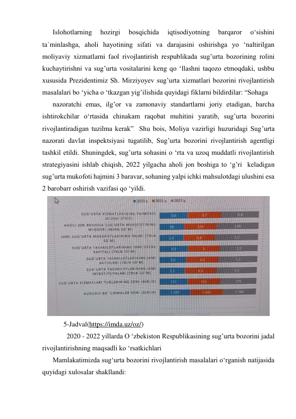 Islohotlarning 
hozirgi 
bosqichida 
iqtisodiyotning 
barqaror 
o‘sishini 
ta`minlashga, aholi hayotining sifati va darajasini oshirishga yo ‘naltirilgan 
moliyaviy xizmatlarni faol rivojlantirish respublikada sug’urta bozorining rolini 
kuchaytirishni va sug’urta vositalarini keng qo ‘llashni taqozo etmoqdaki, ushbu 
xususida Prezidentimiz Sh. Mirziyoyev sug’urta xizmatlari bozorini rivojlantirish 
masalalari bo ‘yicha o ‘tkazgan yig’ilishida quyidagi fiklarni bildirdilar: “Sohaga 
nazoratchi emas, ilg’or va zamonaviy standartlarni joriy etadigan, barcha 
ishtirokchilar o‘rtasida chinakam raqobat muhitini yaratib, sug’urta bozorini 
rivojlantiradigan tuzilma kerak”  Shu bois, Moliya vazirligi huzuridagi Sug’urta 
nazorati davlat inspektsiyasi tugatilib, Sug’urta bozorini rivojlantirish agentligi 
tashkil etildi. Shuningdek, sug’urta sohasini o ‘rta va uzoq muddatli rivojlantirish 
strategiyasini ishlab chiqish, 2022 yilgacha aholi jon boshiga to ‘g’ri  keladigan 
sug’urta mukofoti hajmini 3 baravar, sohaning yalpi ichki mahsulotdagi ulushini esa 
2 barobarr oshirish vazifasi qo ‘yildi. 
 
5-Jadval(https://imda.uz/oz/) 
2020 - 2022 yillarda O ‘zbekiston Respublikasining sug’urta bozorini jadal 
rivojlantirishning maqsadli ko ‘rsatkichlari 
Mamlakatimizda sug‘urta bozorini rivojlantirish masalalari o‘rganish natijasida 
quyidagi xulosalar shakllandi: 
