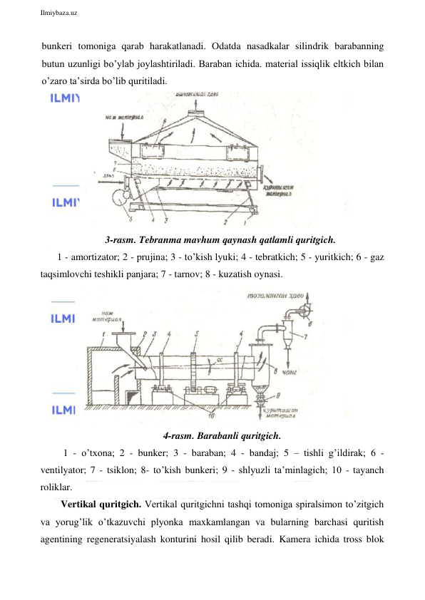  
Ilmiybaza.uz 
 
bunkeri tomoniga qarab harakatlanadi. Odatda nasadkalar silindrik barabanning 
butun uzunligi bo’ylab joylashtiriladi. Baraban ichida. material issiqlik eltkich bilan 
o’zaro ta’sirda bo’lib quritiladi. 
 
3-rasm. Tebranma mavhum qaynash qatlamli quritgich. 
1 - amortizator; 2 - prujina; 3 - to’kish lyuki; 4 - tebratkich; 5 - yuritkich; 6 - gaz 
taqsimlovchi teshikli panjara; 7 - tarnov; 8 - kuzatish oynasi. 
 
4-rasm. Barabanli quritgich. 
 1 - o’txona; 2 - bunker; 3 - baraban; 4 - bandaj; 5 – tishli g’ildirak; 6 - 
ventilyator; 7 - tsiklon; 8- to’kish bunkeri; 9 - shlyuzli ta’minlagich; 10 - tayanch 
roliklar. 
Vertikal quritgich. Vertikal quritgichni tashqi tomoniga spiralsimon to’zitgich 
va yorug’lik o’tkazuvchi plyonka maxkamlangan va bularning barchasi quritish 
agentining regeneratsiyalash konturini hosil qilib beradi. Kamera ichida tross blok 
