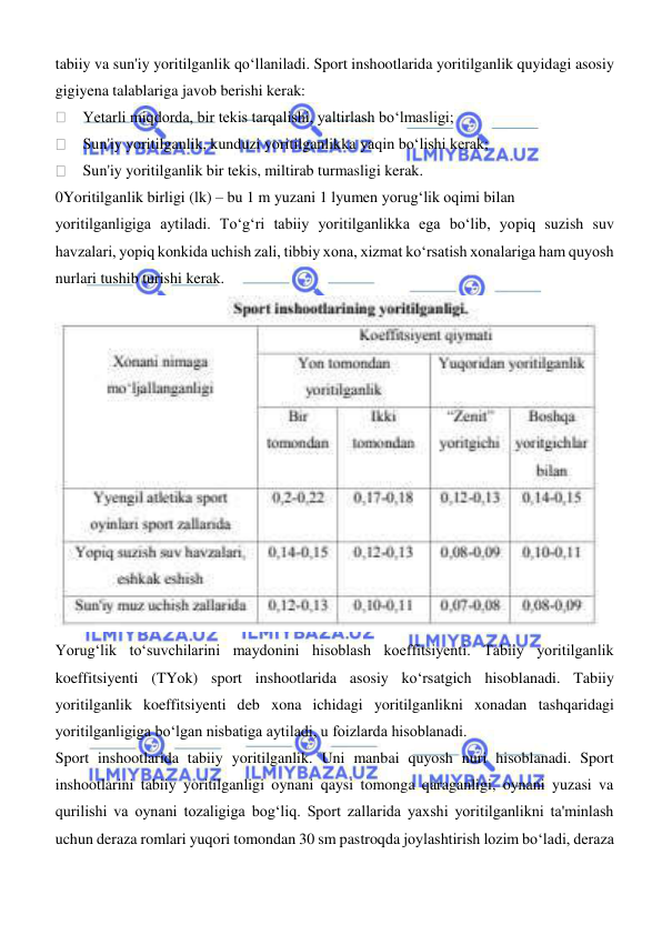  
 
tabiiy va sun'iy yoritilganlik qoʻllaniladi. Sport inshootlarida yoritilganlik quyidagi asosiy 
gigiyena talablariga javob berishi kerak:  
    Yetarli miqdorda, bir tekis tarqalishi, yaltirlash boʻlmasligi; 
    Sun'iy yoritilganlik, kunduzi yoritilganlikka yaqin boʻlishi kerak;  
    Sun'iy yoritilganlik bir tekis, miltirab turmasligi kerak. 
0Yoritilganlik birligi (lk) – bu 1 m yuzani 1 lyumen yorugʻlik oqimi bilan  
yoritilganligiga aytiladi. Toʻgʻri tabiiy yoritilganlikka ega boʻlib, yopiq suzish suv 
havzalari, yopiq konkida uchish zali, tibbiy xona, xizmat koʻrsatish xonalariga ham quyosh 
nurlari tushib turishi kerak. 
 
Yorugʻlik toʻsuvchilarini maydonini hisoblash koeffitsiyenti. Tabiiy yoritilganlik 
koeffitsiyenti (TYok) sport inshootlarida asosiy koʻrsatgich hisoblanadi. Tabiiy 
yoritilganlik koeffitsiyenti deb xona ichidagi yoritilganlikni xonadan tashqaridagi 
yoritilganligiga boʻlgan nisbatiga aytiladi, u foizlarda hisoblanadi.  
Sport inshootlarida tabiiy yoritilganlik. Uni manbai quyosh nuri hisoblanadi. Sport 
inshootlarini tabiiy yoritilganligi oynani qaysi tomonga qaraganligi, oynani yuzasi va 
qurilishi va oynani tozaligiga bogʻliq. Sport zallarida yaxshi yoritilganlikni ta'minlash 
uchun deraza romlari yuqori tomondan 30 sm pastroqda joylashtirish lozim boʻladi, deraza 
