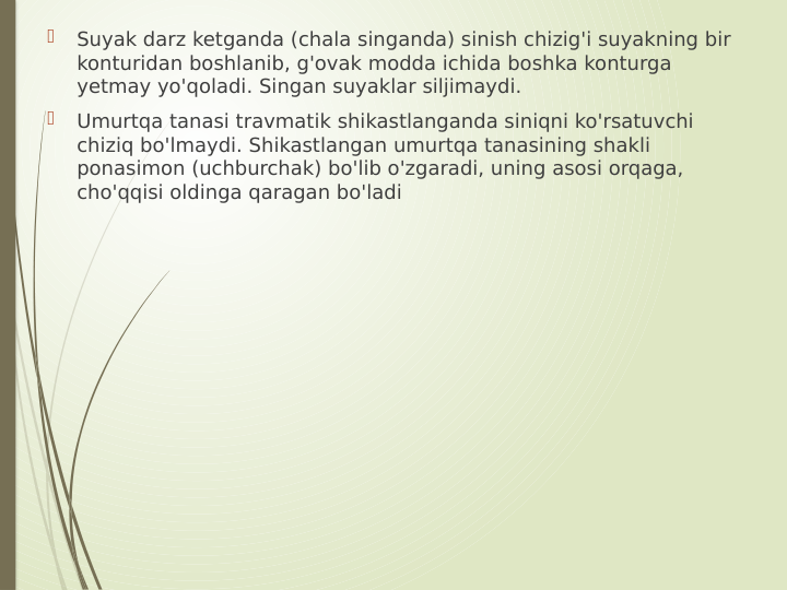 
Suyak darz ketganda (chala singanda) sinish chizig'i suyakning bir 
konturidan boshlanib, g'ovak modda ichida boshka konturga 
yetmay yo'qoladi. Singan suyaklar siljimaydi. 

Umurtqa tanasi travmatik shikastlanganda siniqni ko'rsatuvchi 
chiziq bo'lmaydi. Shikastlangan umurtqa tanasining shakli 
ponasimon (uchburchak) bo'lib o'zgaradi, uning asosi orqaga, 
cho'qqisi oldinga qaragan bo'ladi 
