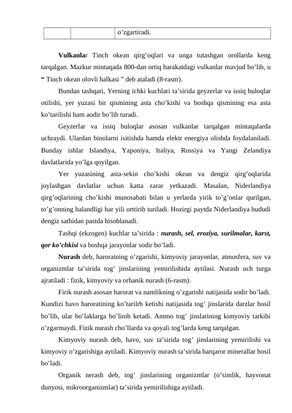 o’zgartiradi.
Vulkanlar  Tinch  okean  qirg’oqlari  va  unga  tutashgan  orollarda  keng
tarqalgan. Mazkur mintaqada 800-dan ortiq harakatdagi vulkanlar mavjud bo’lib, u
“ Tinch okean olovli halkasi ” deb ataladi (8-rasm).
Bundan tashqari, Yerning ichki kuchlari ta’sirida geyzerlar va issiq buloqlar
otilishi, yer yuzasi bir qismining asta cho’kishi va boshqa qismining esa asta
ko’tarilishi ham aodir bo’lib turadi.
Geyzerlar  va  issiq  buloqlar  asosan  vulkanlar  tarqalgan  mintaqalarda
uchraydi. Ulardan binolarni isitishda hamda elektr energiya olishda foydalaniladi.
Bunday  ishlar  Islandiya,  Yaponiya,  Italiya,  Rossiya  va  Yangi  Zelandiya
davlatlarida yo’lga qoyilgan.
Yer  yuzasining  asta-sekin  cho’kishi  okean  va  dengiz  qirg’oqlarida
joylashgan  davlatlar  uchun  katta  zarar  yetkazadi.  Masalan,  Niderlandiya
qirg’oqlarining cho’kishi munosabati bilan u yerlarda yirik to’g’onlar qurilgan,
to’g’onning balandligi har yili orttirib turiladi. Hozirgi paytda Niderlandiya hududi
dengiz sathidan pastda hisoblanadi.
Tashqi (ekzogen) kuchlar ta’sirida : nurash, sel, eroziya, surilmalar, karst,
qor ko’chkisi va boshqa jarayonlar sodir bo’ladi.
Nurash deb, haroratning o’zgarishi, kimyoviy jarayonlar, atmosfera, suv va
organizmlar  ta’sirida tog’  jinslarining yemirilishida aytilasi. Nurash  uch turga
ajratiladi : fizik, kimyoviy va orhanik nurash (6-rasm).
Firik nurash asosan harorat va namlikning o’zgarishi natijasida sodir bo’ladi.
Kundizi havo haroratining ko’tarilrb ketishi natijasida tog’ jinslarida darzlar hosil
bo’lib, ular bo’laklarga bo’linib ketadi. Ammo tog’ jinslarining kimyoviy tarkibi
o’zgarmaydi. Fizik nurash cho’llarda va qoyali tog’larda keng tarqalgan.
Kimyoviy nurash deb, havo, suv ta’sirida tog’ jinslarining yemirilishi va
kimyoviy o’zgarishiga aytiladi. Kimyoviy nurash ta’sirida barqaror minerallar hosil
bo’ladi.
Organik  nerash  deb,  tog’  jinslarining  organizmlar  (o’simlik,  hayvonat
dunyosi, mikroorganizmlar) ta’sirida yemirilishiga aytiladi.
