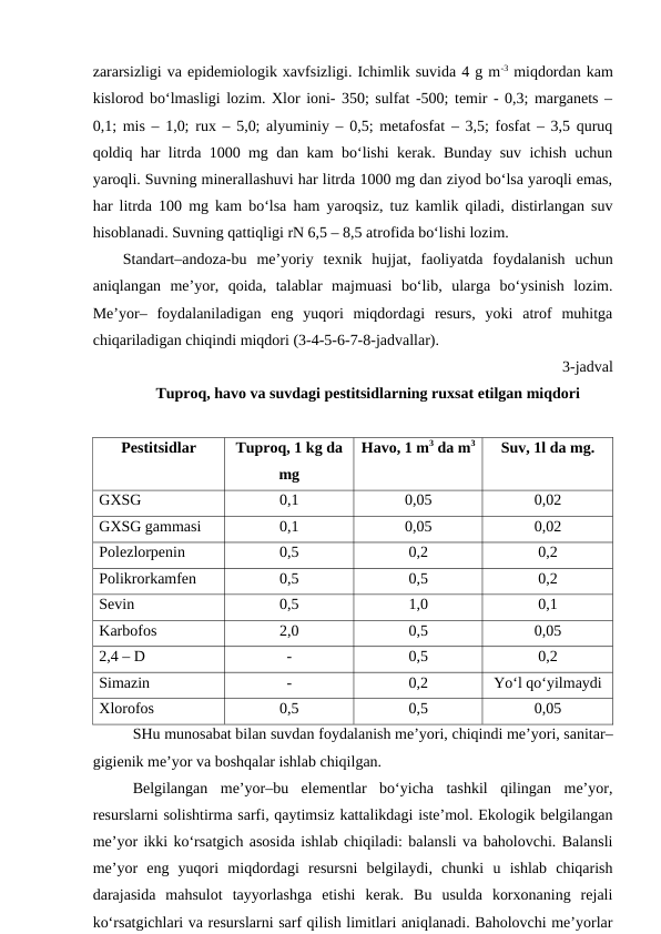zararsizligi va epidemiologik xavfsizligi. Ichimlik suvida 4 g m-3 miqdordan kam
kislorod bo‘lmasligi lozim. Xlor ioni- 350; sulfat -500; temir - 0,3; marganets –
0,1; mis – 1,0; rux – 5,0; alyuminiy – 0,5; metafosfat – 3,5; fosfat – 3,5 quruq
qoldiq har litrda 1000 mg dan kam bo‘lishi kerak. Bunday suv ichish uchun
yaroqli. Suvning minerallashuvi har litrda 1000 mg dan ziyod bo‘lsa yaroqli emas,
har litrda 100 mg kam bo‘lsa ham yaroqsiz, tuz kamlik qiladi, distirlangan suv
hisoblanadi. Suvning qattiqligi rN 6,5 – 8,5 atrofida bo‘lishi lozim. 
Standart–andoza-bu  me’yoriy  texnik  hujjat,  faoliyatda  foydalanish  uchun
aniqlangan  me’yor,  qoida,  talablar  majmuasi  bo‘lib,  ularga  bo‘ysinish  lozim.
Me’yor–  foydalaniladigan  eng  yuqori  miqdordagi  resurs,  yoki  atrof  muhitga
chiqariladigan chiqindi miqdori (3-4-5-6-7-8-jadvallar).
3-jadval
Tuproq, havo va suvdagi pestitsidlarning ruxsat etilgan miqdori
Pestitsidlar
Tuproq, 1 kg da
mg
Havo, 1 m3 da m3
Suv, 1l da mg.
GXSG
0,1
0,05
0,02
GXSG gammasi
0,1
0,05
0,02
Polezlorpenin
0,5
0,2
0,2
Polikrorkamfen
0,5
0,5
0,2
Sevin
0,5
1,0
0,1
Karbofos
2,0
0,5
0,05
2,4 – D 
-
0,5
0,2
Simazin
-
0,2
Yo‘l qo‘yilmaydi
Xlorofos
0,5
0,5
0,05
SHu munosabat bilan suvdan foydalanish me’yori, chiqindi me’yori, sanitar–
gigienik me’yor va boshqalar ishlab chiqilgan.
Belgilangan  me’yor–bu  elementlar  bo‘yicha  tashkil  qilingan  me’yor,
resurslarni solishtirma sarfi, qaytimsiz kattalikdagi iste’mol. Ekologik belgilangan
me’yor ikki ko‘rsatgich asosida ishlab chiqiladi: balansli va baholovchi. Balansli
me’yor  eng  yuqori  miqdordagi  resursni  belgilaydi,  chunki  u  ishlab  chiqarish
darajasida  mahsulot  tayyorlashga  etishi  kerak.  Bu  usulda  korxonaning  rejali
ko‘rsatgichlari va resurslarni sarf qilish limitlari aniqlanadi. Baholovchi me’yorlar
