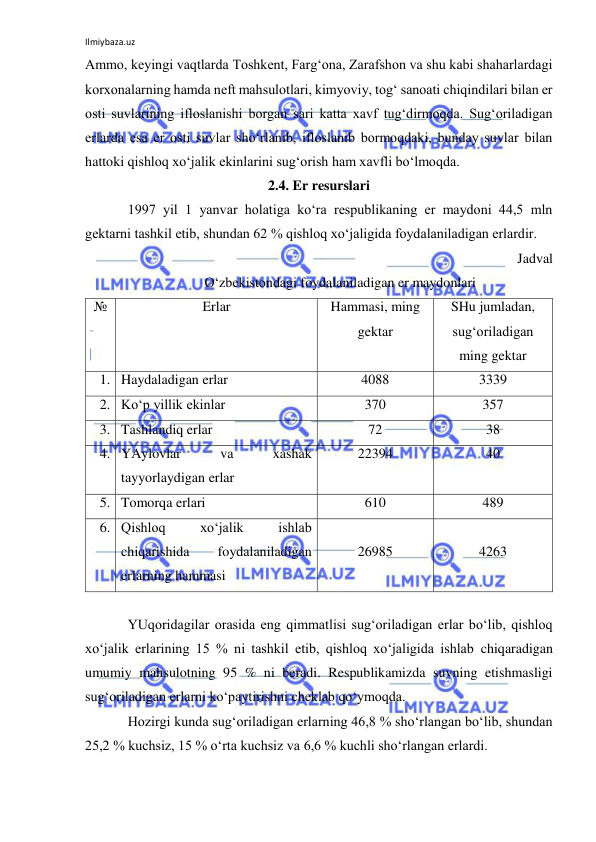 Ilmiybaza.uz 
 
Ammo, keyingi vaqtlarda Toshkent, Farg‘ona, Zarafshon va shu kabi shaharlardagi 
korxonalarning hamda neft mahsulotlari, kimyoviy, tog‘ sanoati chiqindilari bilan er 
osti suvlarining ifloslanishi borgan sari katta xavf tug‘dirmoqda. Sug‘oriladigan 
erlarda esa er osti suvlar sho‘rlanib, ifloslanib bormoqdaki, bunday suvlar bilan 
hattoki qishloq xo‘jalik ekinlarini sug‘orish ham xavfli bo‘lmoqda. 
2.4. Er resurslari 
1997 yil 1 yanvar holatiga ko‘ra respublikaning er maydoni 44,5 mln 
gektarni tashkil etib, shundan 62 % qishloq xo‘jaligida foydalaniladigan erlardir. 
Jadval 
O‘zbekistondagi foydalaniladigan er maydonlari 
№ 
Erlar 
Hammasi, ming 
gektar 
SHu jumladan, 
sug‘oriladigan 
ming gektar 
1. Haydaladigan erlar 
4088 
3339 
2. Ko‘p yillik ekinlar 
370 
357 
3. Tashlandiq erlar 
72 
38 
4. YAylovlar 
va 
xashak 
tayyorlaydigan erlar 
22394 
40 
5. Tomorqa erlari 
610 
489 
6. Qishloq 
xo‘jalik 
ishlab 
chiqarishida 
foydalaniladigan 
erlarning hammasi 
 
26985 
 
4263 
 
YUqoridagilar orasida eng qimmatlisi sug‘oriladigan erlar bo‘lib, qishloq 
xo‘jalik erlarining 15 % ni tashkil etib, qishloq xo‘jaligida ishlab chiqaradigan 
umumiy mahsulotning 95 % ni beradi. Respublikamizda suvning etishmasligi 
sug‘oriladigan erlarni ko‘paytirishni cheklab qo‘ymoqda. 
Hozirgi kunda sug‘oriladigan erlarning 46,8 % sho‘rlangan bo‘lib, shundan 
25,2 % kuchsiz, 15 % o‘rta kuchsiz va 6,6 % kuchli sho‘rlangan erlardi.  
