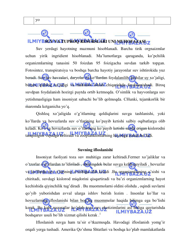  
 
yo 
 
 
SUV VA TUPROQ RESURSLARI UNI MUHOFAZASI 
Suv yerdagi hayotning mazmuni hisoblanadi. Barcha tirik orgnaizmlar 
uchun yirik ingridient hisoblanadi. Ma’lumotlarga qaraganda, ko’pchilik 
organizmlarning tanasini 50 foizdan 95 foizigacha suvdan tarkib topgan. 
Fotosintez, transpiratsiya va boshqa barcha hayotiy jarayonlar suv ishtirokida yuz 
beradi. Suv suv havzalari, daryolar va ko’llardan foydalanilib, kishilar uy xo’jaligi, 
biznes, qishloq xo’jaligi va mahsulot ishlab chiqarishda foydalanishadi. Biroq 
suvdpan foydalanish hozirgi paytda ortib ketmoqda. O’simlik va hayvonlarga suv 
yetishmasligiga ham insoniyat sabachi bo’lib qolmoqda. CHunki, tejamkorlik bir 
maromda ketganicha yo’q.  
Qishloq xo’jaligida o’g’itlarning qoldiqlarini suvga tashlanishi, yoki 
ko’llarda va hovuzlarda suv o’tlarining ko’payib ketishi salbiy oqibatlarga olib 
keladi. Ko’l va hovuzlarda suv o’tlarining ko’payib ketishi suvda erigan kislorodni 
tanqisligini vujudga keltiradi va zooplanktonlarning hayotiga zomin bo’ladi.  
 
Suvning ifloslanishi 
Insoniyat faoliyati toza suv muhitiga zarar keltiradi.Fermer xo’jaliklar va 
o’tzorlar o’g’itlardan to’ldiriladi , shuningdek bular suvga kelib quyiladi , hovuzlar 
va ko’llarda suv o’larining o’sishiga olib keladi .Bu organizmlarning o’sishi va 
chiritadi, suvdagi kislorod miqdorini qisqartiradi va ba’zi organizmlarning hayot 
kechishida qiyinchilik tug’diradi . Bu muommolarni oldini olishda , oqindi suvlarni 
qo’yib yuborishdan avval ularga ishlov berish lozim . Insonlar ko’llar va 
hovuzlarning ifloslanishi bilan bog’liq muommolar haqida bilimga ega bo’lishi 
kerak. Bu kabi nazoratlar ko’plab toza suv ekotizimlarini asl holiga qaytarishda 
boshqaruv usuli bo’lib xizmat qilishi kerak .1 
Ifloslanish suvga ham ta’sir o’tkazmoqda. Havodagi ifloslanish yomg’ir 
orqali yerga tushadi. Amerika Qo’shma Shtatlari va boshqa ko’plab mamlakatlarda 
