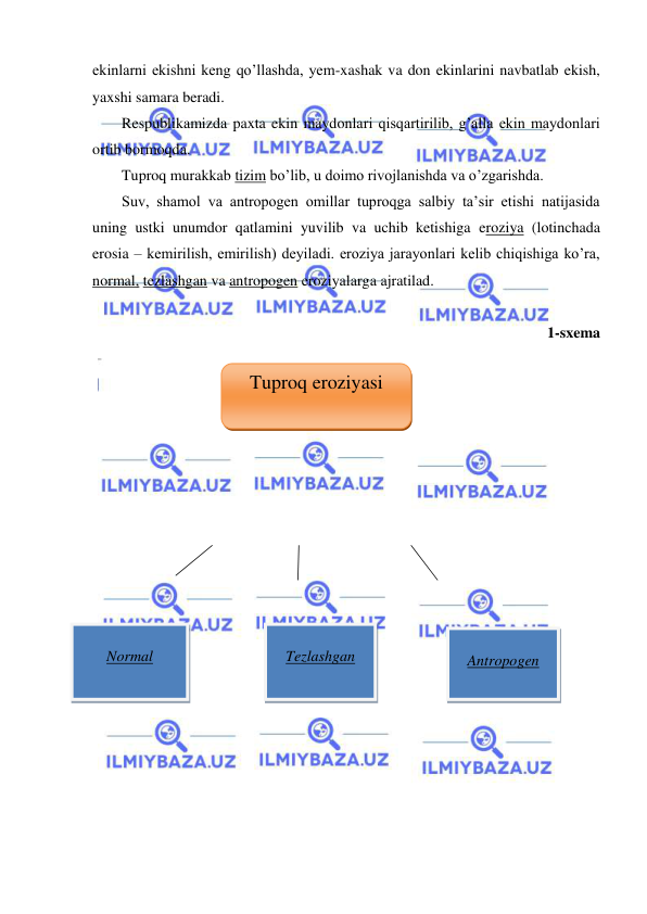  
 
ekinlarni ekishni keng qo’llashda, yem-xashak va don ekinlarini navbatlab ekish, 
yaxshi samara beradi. 
Respublikamizda paxta ekin maydonlari qisqartirilib, g’alla ekin maydonlari 
ortib bormoqda. 
Tuproq murakkab tizim bo’lib, u doimo rivojlanishda va o’zgarishda. 
Suv, shamol va antropogen omillar tuproqga salbiy ta’sir etishi natijasida 
uning ustki unumdor qatlamini yuvilib va uchib ketishiga eroziya (lotinchada 
erosia – kemirilish, emirilish) deyiladi. eroziya jarayonlari kelib chiqishiga ko’ra, 
normal, tezlashgan va antropogen eroziyalarga ajratilad.  
 
1-sxema 
 
 
 
 
 
 
 
 
 
 
 
 
 
 
 
 
 
 
Tuproq eroziyasi 
  
Antropogen 
 
Tezlashgan 
 
Normal 
