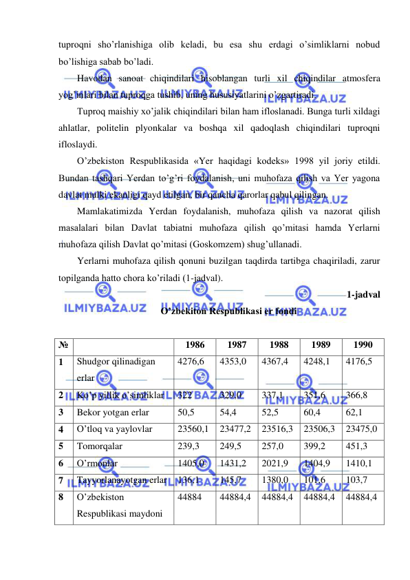  
 
tuproqni sho’rlanishiga olib keladi, bu esa shu erdagi o’simliklarni nobud 
bo’lishiga sabab bo’ladi. 
Havodan sanoat chiqindilari hisoblangan turli xil chiqindilar atmosfera 
yog’inlari bilan tuproqga tushib, uning hususiyatlarini o’zgartiradi. 
Tuproq maishiy xo’jalik chiqindilari bilan ham ifloslanadi. Bunga turli xildagi 
ahlatlar, politelin plyonkalar va boshqa xil qadoqlash chiqindilari tuproqni 
ifloslaydi. 
O’zbekiston Respublikasida «Yer haqidagi kodeks» 1998 yil joriy etildi. 
Bundan tashqari Yerdan to’g’ri foydalanish, uni muhofaza qilish va Yer yagona 
davlat mulki ekanligi qayd etilgan, bir qancha qarorlar qabul qilingan. 
Mamlakatimizda Yerdan foydalanish, muhofaza qilish va nazorat qilish 
masalalari bilan Davlat tabiatni muhofaza qilish qo’mitasi hamda Yerlarni 
muhofaza qilish Davlat qo’mitasi (Goskomzem) shug’ullanadi. 
Yerlarni muhofaza qilish qonuni buzilgan taqdirda tartibga chaqiriladi, zarur 
topilganda hatto chora ko’riladi (1-jadval). 
1-jadval 
O’zbekiton Respublikasi er fondi 
 
№ 
 
1986 
1987 
1988 
1989 
1990 
1 
Shudgor qilinadigan 
erlar 
4276,6 
4353,0 
4367,4 
4248,1 
4176,5 
2 
Ko’p yillik o’simliklar 
322 
329,0 
337,1 
351,6 
366,8 
3 
Bekor yotgan erlar 
50,5 
54,4 
52,5 
60,4 
62,1 
4 
O’tloq va yaylovlar 
23560,1 
23477,2 
23516,3 
23506,3 
23475,0 
5 
Tomorqalar 
239,3 
249,5 
257,0 
399,2 
451,3 
6 
O’rmonlar 
1405,0 
1431,2 
2021,9 
1404,9 
1410,1 
7 
Tayyorlanayotgan erlar 
136,1 
145,7 
1380,0 
101,6 
103,7 
8 
O’zbekiston 
Respublikasi maydoni 
44884 
44884,4 
44884,4 
44884,4 
44884,4 
 
