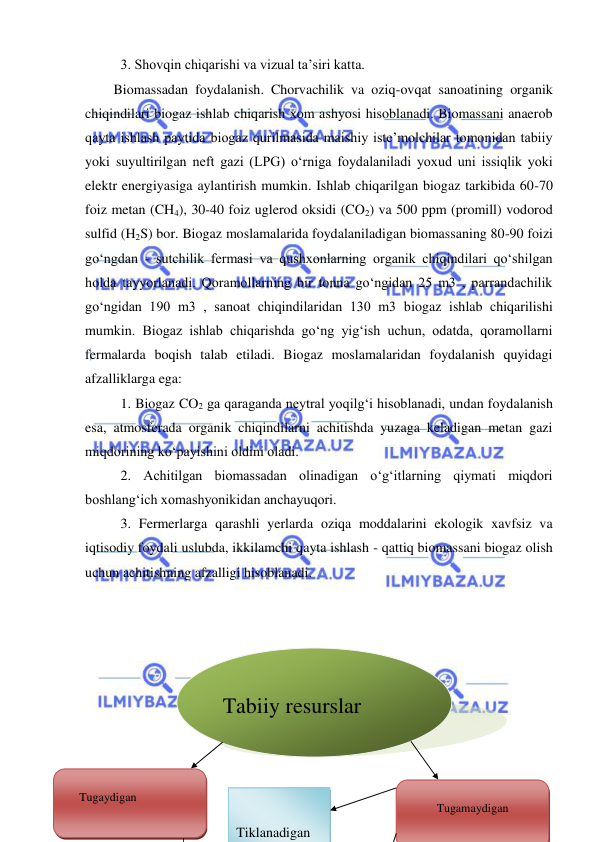  
 
3. Shovqin chiqarishi va vizual ta’siri katta. 
Biomassadan foydalanish. Chorvachilik va oziq-ovqat sanoatining organik 
chiqindilari biogaz ishlab chiqarish xom ashyosi hisoblanadi. Biomassani anaerob 
qayta ishlash paytida biogaz qurilmasida maishiy iste’molchilar tomonidan tabiiy 
yoki suyultirilgan neft gazi (LPG) o‘rniga foydalaniladi yoxud uni issiqlik yoki 
elektr energiyasiga aylantirish mumkin. Ishlab chiqarilgan biogaz tarkibida 60-70 
foiz metan (CH4), 30-40 foiz uglerod oksidi (CO2) va 500 ppm (promill) vodorod 
sulfid (H2S) bor. Biogaz moslamalarida foydalaniladigan biomassaning 80-90 foizi 
go‘ngdan - sutchilik fermasi va qushxonlarning organik chiqindilari qo‘shilgan 
holda tayyorlanadi. Qoramollarning bir tonna go‘ngidan 25 m3 , parrandachilik 
go‘ngidan 190 m3 , sanoat chiqindilaridan 130 m3 biogaz ishlab chiqarilishi 
mumkin. Biogaz ishlab chiqarishda go‘ng yig‘ish uchun, odatda, qoramollarni 
fermalarda boqish talab etiladi. Biogaz moslamalaridan foydalanish quyidagi 
afzalliklarga ega: 
1. Biogaz CO2 ga qaraganda neytral yoqilg‘i hisoblanadi, undan foydalanish 
esa, atmosferada organik chiqindilarni achitishda yuzaga keladigan metan gazi 
miqdorining ko‘payishini oldini oladi. 
2. Achitilgan biomassadan olinadigan o‘g‘itlarning qiymati miqdori 
boshlang‘ich xomashyonikidan anchayuqori. 
3. Fermerlarga qarashli yerlarda oziqa moddalarini ekologik xavfsiz va 
iqtisodiy foydali uslubda, ikkilamchi qayta ishlash - qattiq biomassani biogaz olish 
uchun achitishning afzalligi hisoblanadi. 
 
 
   
 
 
 
 
 
 
Tabiiy resurslar 
 
     Tugaydigan  
 
Tugamaydigan 
 
 
Tiklanadigan  
