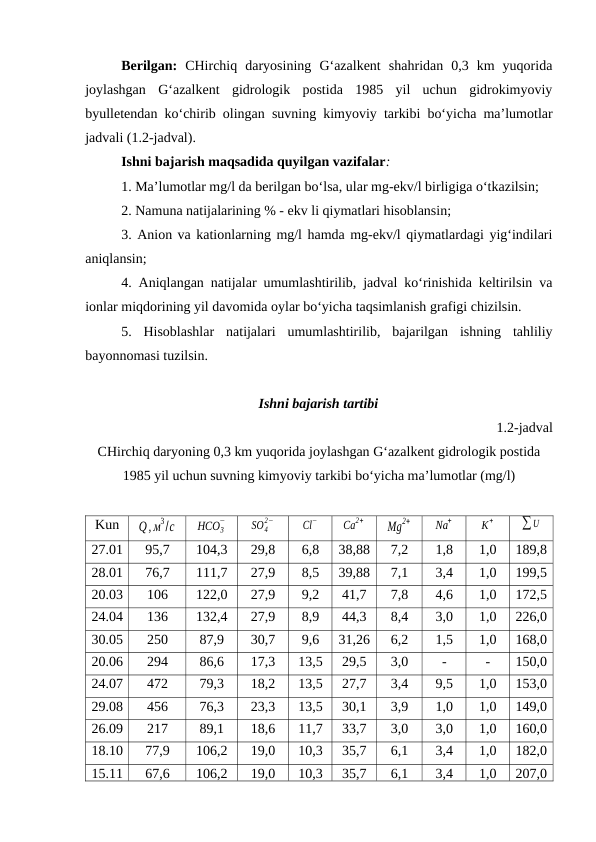 Berilgan:  CHirchiq  daryosining  G‘azalkent  shahridan  0,3  km  yuqorida
joylashgan  G‘azalkent  gidrologik  postida  1985  yil  uchun  gidrokimyoviy
byulletendan ko‘chirib olingan suvning kimyoviy tarkibi bo‘yicha ma’lumotlar
jadvali (1.2-jadval).
Ishni bajarish maqsadida quyilgan vazifalar:
1. Ma’lumotlar mg/l da berilgan bo‘lsa, ular mg-ekv/l birligiga o‘tkazilsin; 
2. Namuna natijalarining % - ekv li qiymatlari hisoblansin;
3. Anion va kationlarning mg/l hamda mg-ekv/l qiymatlardagi yig‘indilari
aniqlansin;
4. Aniqlangan natijalar umumlashtirilib, jadval ko‘rinishida keltirilsin va
ionlar miqdorining yil davomida oylar bo‘yicha taqsimlanish grafigi chizilsin.
5.  Hisoblashlar  natijalari  umumlashtirilib,  bajarilgan  ishning  tahliliy
bayonnomasi tuzilsin.
Ishni bajarish tartibi
1.2-jadval
CHirchiq daryoning 0,3 km yuqorida joylashgan G‘azalkent gidrologik postida
1985 yil uchun suvning kimyoviy tarkibi bo‘yicha ma’lumotlar (mg/l)
Kun
Q, м
3/с
HCO3
−
SO4
2−
Cl
−
Ca
2+
Mg
2+
Na
+
K
+
∑U
27.01
95,7
104,3
29,8
6,8
38,88
7,2
1,8
1,0
189,8
28.01
76,7
111,7
27,9
8,5
39,88
7,1
3,4
1,0
199,5
20.03
106
122,0
27,9
9,2
41,7
7,8
4,6
1,0
172,5
24.04
136
132,4
27,9
8,9
44,3
8,4
3,0
1,0
226,0
30.05
250
87,9
30,7
9,6
31,26
6,2
1,5
1,0
168,0
20.06
294
86,6
17,3
13,5
29,5
3,0
-
-
150,0
24.07
472
79,3
18,2
13,5
27,7
3,4
9,5
1,0
153,0
29.08
456
76,3
23,3
13,5
30,1
3,9
1,0
1,0
149,0
26.09
217
89,1
18,6
11,7
33,7
3,0
3,0
1,0
160,0
18.10
77,9
106,2
19,0
10,3
35,7
6,1
3,4
1,0
182,0
15.11
67,6
106,2
19,0
10,3
35,7
6,1
3,4
1,0
207,0
