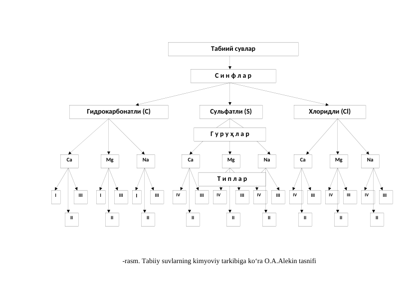 Табиий сувлар
С и н ф л а р
Гидрокарбонатли (C)
Сульфатли (S)
Хлоридли (Cl)
Ca
Na
Mg
Ca
Na
Mg
Ca
Mg
Na
IV
III
II
I
III
II
I
III
II
I
III
II
IV
III
II
IV
III
II
IV
III
II
IV
III
II
IV
III
II
Т и п л а р
Г у р у ҳ л а р
-rasm. Tabiiy suvlarning kimyoviy tarkibiga ko‘ra O.A.Alekin tasnifi 
