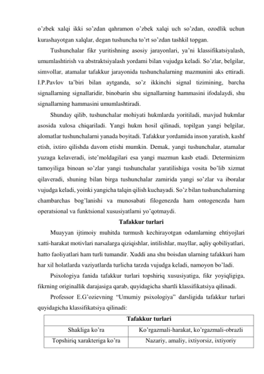 o’zbek xalqi ikki so’zdan qahramon o’zbek xalqi uch so’zdan, ozodlik uchun 
kurashayotgan xalqlar, degan tushuncha to’rt so’zdan tashkil topgan. 
Tushunchalar fikr yuritishning asosiy jarayonlari, ya’ni klassifikatsiyalash, 
umumlashtirish va abstraktsiyalash yordami bilan vujudga keladi. So’zlar, belgilar, 
simvollar, atamalar tafakkur jarayonida tushunchalarning mazmunini aks ettiradi. 
I.P.Pavlov ta’biri bilan aytganda, so’z ikkinchi signal tizimining, barcha 
signallarning signallaridir, binobarin shu signallarning hammasini ifodalaydi, shu 
signallarning hammasini umumlashtiradi.  
Shunday qilib, tushunchalar mohiyati hukmlarda yoritiladi, mavjud hukmlar 
asosida xulosa chiqariladi. Yangi hukm hosil qilinadi, topilgan yangi belgilar, 
alomatlar tushunchalarni yanada boyitadi. Tafakkur yordamida inson yaratish, kashf 
etish, ixtiro qilishda davom etishi mumkin. Demak, yangi tushunchalar, atamalar 
yuzaga kelaveradi, iste’moldagilari esa yangi mazmun kasb etadi. Determinizm 
tamoyiliga binoan so’zlar yangi tushunchalar yaratilishiga vosita bo’lib xizmat 
qilaveradi, shuning bilan birga tushunchalar zamirida yangi so’zlar va iboralar 
vujudga keladi, yoinki yangicha talqin qilish kuchayadi. So’z bilan tushunchalarning 
chambarchas bog’lanishi va munosabati filogenezda ham ontogenezda ham 
operatsional va funktsional xususiyatlarni yo’qotmaydi.  
Tafakkur turlari 
Muayyan ijtimoiy muhitda turmush kechirayotgan odamlarning ehtiyojlari 
xatti-harakat motivlari narsalarga qiziqishlar, intilishlar, mayllar, aqliy qobiliyatlari, 
hatto faoliyatlari ham turli tumandir. Xuddi ana shu boisdan ularning tafakkuri ham 
har xil holatlarda vaziyatlarda turlicha tarzda vujudga keladi, namoyon bo’ladi.  
Psixologiya fanida tafakkur turlari topshiriq xususiyatiga, fikr yoyiqligiga, 
fikrning originallik darajasiga qarab, quyidagicha shartli klassifikatsiya qilinadi. 
Professor E.G’ozievning “Umumiy psixologiya” darsligida tafakkur turlari 
quyidagicha klassifikatsiya qilinadi: 
Tafakkur turlari 
Shakliga ko’ra 
Ko’rgazmali-harakat, ko’rgazmali-obrazli 
Topshiriq xarakteriga ko’ra 
Nazariy, amaliy, ixtiyorsiz, ixtiyoriy 
