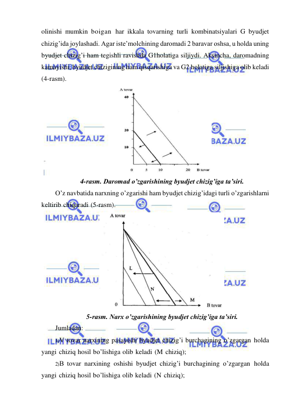  
 
olinishi mumkin boigan har ikkala tovarning turli kombinatsiyalari G byudjet 
chizig’ida joylashadi. Agar iste’molchining daromadi 2 baravar oshsa, u holda uning 
byudjet chizig’i ham tegishli ravishda G1holatiga siljiydi. Aksincha, daromadning 
kamayishi, byudjet chizigining ham qisqarishiga va G2 holatiga siljishiga olib keladi 
(4-rasm). 
 
4-rasm. Daromad o’zgarishining byudjet chizig’iga ta’siri. 
O’z navbatida narxning o’zgarishi ham byudjet chizig’idagi turli o’zgarishlarni 
keltirib chiqaradi (5-rasm). 
 
5-rasm. Narx o’zgarishining byudjet chizig’iga ta’siri. 
Jumladan: 
1) V tovar narxining pasayishi byudjet chizig’i burchagining o’zgargan holda 
yangi chiziq hosil bo’lishiga olib keladi (M chiziq); 
2) В tovar narxining oshishi byudjet chizig’i burchagining o’zgargan holda 
yangi chiziq hosil bo’lishiga olib keladi (N chiziq); 
