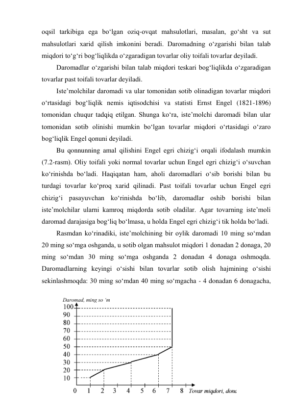 Daromad, ming so ‘m 
 
oqsil tarkibiga ega bo‘lgan oziq-ovqat mahsulotlari, masalan, go‘sht va sut 
mahsulotlari xarid qilish imkonini beradi. Daromadning o‘zgarishi bilan talab 
miqdori to‘g‘ri bog‘liqlikda o‘zgaradigan tovarlar oliy toifali tovarlar deyiladi. 
Daromadlar o‘zgarishi bilan talab miqdori teskari bog‘liqlikda o‘zgaradigan 
tovarlar past toifali tovarlar deyiladi. 
Iste’molchilar daromadi va ular tomonidan sotib olinadigan tovarlar miqdori 
o‘rtasidagi bog‘liqlik nemis iqtisodchisi va statisti Ernst Engel (1821-1896) 
tomonidan chuqur tadqiq etilgan. Shunga ko‘ra, iste’molchi daromadi bilan ular 
tomonidan sotib olinishi mumkin bo‘lgan tovarlar miqdori o‘rtasidagi o‘zaro 
bog‘liqlik Engel qonuni deyiladi. 
Bu qonnunning amal qilishini Engel egri chizig‘i orqali ifodalash mumkin 
(7.2-rasm). Oliy toifali yoki normal tovarlar uchun Engel egri chizig‘i o‘suvchan 
ko‘rinishda bo‘ladi. Haqiqatan ham, aholi daromadlari o‘sib borishi bilan bu 
turdagi tovarlar ko‘proq xarid qilinadi. Past toifali tovarlar uchun Engel egri 
chizig‘i pasayuvchan ko‘rinishda bo‘lib, daromadlar oshib borishi bilan 
iste’molchilar ularni kamroq miqdorda sotib oladilar. Agar tovarning iste’moli 
daromad darajasiga bog‘liq bo‘lmasa, u holda Engel egri chizig‘i tik holda bo‘ladi. 
Rasmdan ko‘rinadiki, iste’molchining bir oylik daromadi 10 ming so‘mdan 
20 ming so‘mga oshganda, u sotib olgan mahsulot miqdori 1 donadan 2 donaga, 20 
ming so‘mdan 30 ming so‘mga oshganda 2 donadan 4 donaga oshmoqda. 
Daromadlarning keyingi o‘sishi bilan tovarlar sotib olish hajmining o‘sishi 
sekinlashmoqda: 30 ming so‘mdan 40 ming so‘mgacha - 4 donadan 6 donagacha, 
