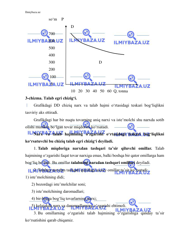 Ilmiybaza.uz 
 
so‘m 
 
700 
600 
500 
400 
300 
200 
 100 
  0 
 
P  
 D           
 
 
 
                     
                            D 
 
 
 
 10   20   30   40   50   60  Q, tonna 
3-chizma. Talab egri chizig‘i. 
Grafikdagi DD chiziq narx va talab hajmi o‘rtasidagi teskari bog‘liqlikni 
tasviriy aks ettiradi. 
Grafikdagi har bir nuqta tovarning aniq narxi va iste’molchi shu narxda sotib 
olishi mumkin bo‘lgan tovar miqdorini ko‘rsatadi.  
Narx va talab hajmining o‘zgarishi o‘rtasidagi teskari bog‘liqlikni 
ko‘rsatuvchi bu chiziq talab egri chizig‘i deyiladi. 
1.  Talab miqdoriga narxdan tashqari ta’sir qiluvchi omillar. Talab 
hajmining o‘zgarishi faqat tovar narxiga emas, balki boshqa bir qator omillarga ham 
bog‘liq bo‘ladi. Bu omillar talabning narxdan tashqari omillari deyiladi. 
2.  Talabga narxdan tashqari quyidagi asosiy omillar ta’sir ko‘rsatadi:  
1) iste’molchining didi;  
      2) bozordagi iste’molchilar soni;  
      3) iste’molchining daromadlari;  
      4) bir-biriga bog‘liq tovarlarning narxi;  
      5) kelajakda narx va daromadlarning o‘zgarishi ehtimoli. 
3.  Bu omillarning o‘zgarishi talab hajmining o‘zgarishiga qanday ta’sir 
ko‘rsatishini qarab chiqamiz. 
