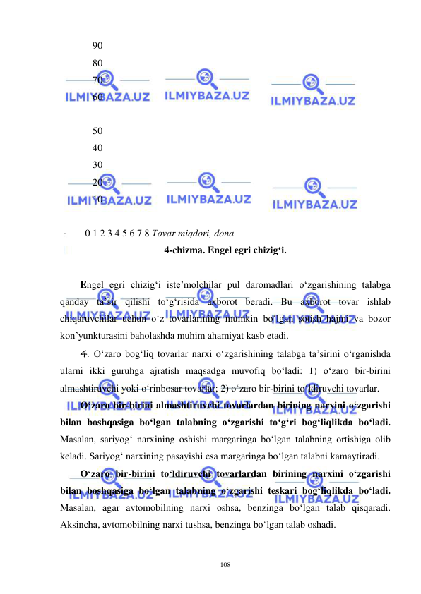  
 
108 
  90 
  80  
  70 
  60 
  
  50  
  40  
  30 
  20 
  10 
  
  0 1 2 3 4 5 6 7 8 Tovar miqdori, dona 
4-chizma. Engel egri chizig‘i. 
 
Engel egri chizig‘i iste’molchilar pul daromadlari o‘zgarishining talabga 
qanday ta’sir qilishi to‘g‘risida axborot beradi. Bu axborot tovar ishlab 
chiqaruvchilar uchun o‘z tovarlarining mumkin bo‘lgan sotish hajmi va bozor 
kon’yunkturasini baholashda muhim ahamiyat kasb etadi.  
4. O‘zaro bog‘liq tovarlar narxi o‘zgarishining talabga ta’sirini o‘rganishda 
ularni ikki guruhga ajratish maqsadga muvofiq bo‘ladi: 1) o‘zaro bir-birini 
almashtiruvchi yoki o‘rinbosar tovarlar; 2) o‘zaro bir-birini to‘ldiruvchi tovarlar. 
O‘zaro bir-birini almashtiruvchi tovarlardan birining narxini o‘zgarishi 
bilan boshqasiga bo‘lgan talabning o‘zgarishi to‘g‘ri bog‘liqlikda bo‘ladi. 
Masalan, sariyog‘ narxining oshishi margaringa bo‘lgan talabning ortishiga olib 
keladi. Sariyog‘ narxining pasayishi esa margaringa bo‘lgan talabni kamaytiradi.  
O‘zaro bir-birini to‘ldiruvchi tovarlardan birining narxini o‘zgarishi 
bilan boshqasiga bo‘lgan talabning o‘zgarishi teskari bog‘liqlikda bo‘ladi. 
Masalan, agar avtomobilning narxi oshsa, benzinga bo‘lgan talab qisqaradi. 
Aksincha, avtomobilning narxi tushsa, benzinga bo‘lgan talab oshadi.  
