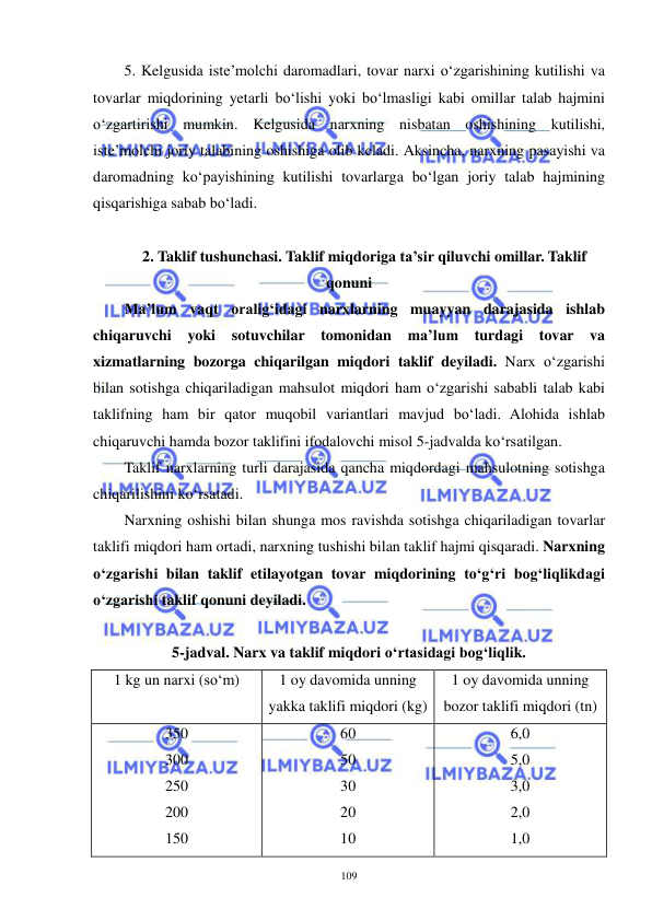  
 
109 
5. Kelgusida iste’molchi daromadlari, tovar narxi o‘zgarishining kutilishi va 
tovarlar miqdorining yetarli bo‘lishi yoki bo‘lmasligi kabi omillar talab hajmini 
o‘zgartirishi mumkin. Kelgusida narxning nisbatan oshishining kutilishi, 
iste’molchi joriy talabining oshishiga olib keladi. Aksincha, narxning pasayishi va 
daromadning ko‘payishining kutilishi tovarlarga bo‘lgan joriy talab hajmining 
qisqarishiga sabab bo‘ladi. 
 
2. Taklif tushunchasi. Taklif miqdoriga ta’sir qiluvchi omillar. Taklif 
qonuni 
Ma’lum vaqt oralig‘idagi narxlarning muayyan darajasida ishlab 
chiqaruvchi yoki sotuvchilar tomonidan ma’lum turdagi tovar va 
xizmatlarning bozorga chiqarilgan miqdori taklif deyiladi. Narx o‘zgarishi 
bilan sotishga chiqariladigan mahsulot miqdori ham o‘zgarishi sababli talab kabi 
taklifning ham bir qator muqobil variantlari mavjud bo‘ladi. Alohida ishlab 
chiqaruvchi hamda bozor taklifini ifodalovchi misol 5-jadvalda ko‘rsatilgan. 
Taklif narxlarning turli darajasida qancha miqdordagi mahsulotning sotishga 
chiqarilishini ko‘rsatadi. 
Narxning oshishi bilan shunga mos ravishda sotishga chiqariladigan tovarlar 
taklifi miqdori ham ortadi, narxning tushishi bilan taklif hajmi qisqaradi. Narxning 
o‘zgarishi bilan taklif etilayotgan tovar miqdorining to‘g‘ri bog‘liqlikdagi 
o‘zgarishi taklif qonuni deyiladi.  
 
5-jadval. Narx va taklif miqdori o‘rtasidagi bog‘liqlik. 
1 kg un narxi (so‘m) 
1 oy davomida unning 
yakka taklifi miqdori (kg) 
1 oy davomida unning 
bozor taklifi miqdori (tn) 
350 
300 
250 
200 
150 
60 
50 
30 
20 
10 
6,0 
5,0 
3,0 
2,0 
1,0 
