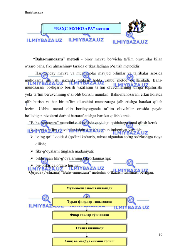 Ilmiybaza.uz 
 
19 
 
 
 
“Bahs-munozara” metodi - biror mavzu bo‘yicha ta’lim oluvchilar bilan 
o‘zaro bahs, fikr almashinuv tarzida o‘tkaziladigan o‘qitish metodidir. 
 Har qanday mavzu va muammolar mavjud bilimlar va tajribalar asosida 
muhokama qilinishi nazarda tutilgan holda ushbu metod qo‘llaniladi. Bahs-
munozarani boshqarib borish vazifasini ta’lim oluvchilarning biriga topshirishi 
yoki ta’lim beruvchining o‘zi olib borishi mumkin. Bahs-munozarani erkin holatda 
olib borish va har bir ta’lim oluvchini munozaraga jalb etishga harakat qilish 
lozim. Ushbu metod olib borilayotganda ta’lim oluvchilar orasida paydo 
bo‘ladigan nizolarni darhol bartaraf etishga harakat qilish kerak.  
 “Bahs-munozara” metodini o‘tkazishda quyidagi qoidalarga amal qilish kerak: 
 barcha ta’lim oluvchilar ishtirok etishi uchun imkoniyat yaratish; 
 “o‘ng qo‘l” qoidasi (qo‘lini ko‘tarib, ruhsat olgandan so‘ng so‘zlash)ga rioya 
qilish; 
 fikr-g‘oyalarni tinglash madaniyati; 
 bildirilgan fikr-g‘oyalarning takrorlanmasligi; 
 bir-birlariga o‘zaro hurmat. 
 Quyida (7-chizma) “Bahs-munozara” metodini o‘tkazish tuzilmasi berilgan. 
 
 
 
 
 
 
 
 
“БАҲС-МУНОЗАРА” методи 
 
Муаммоли савол ташланади 
Турли фикрлар тингланади 
Фикр-ғоялар тўпланади 
Таҳлил қилинади 
Аниқ ва мақбул ечимни топиш 
