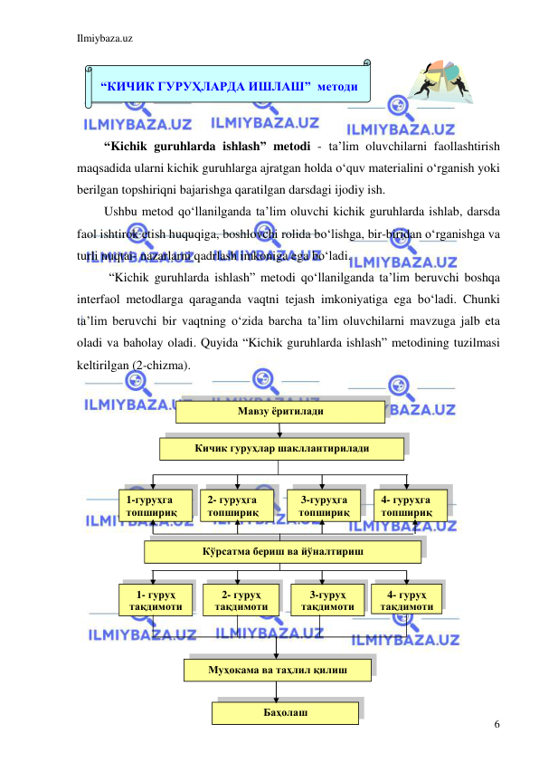 Ilmiybaza.uz 
 
6 
 
 
 
 
“Kichik guruhlarda ishlash” metodi - ta’lim oluvchilarni faollashtirish 
maqsadida ularni kichik guruhlarga ajratgan holda o‘quv materialini o‘rganish yoki 
berilgan topshiriqni bajarishga qaratilgan darsdagi ijodiy ish.  
Ushbu metod qo‘llanilganda ta’lim oluvchi kichik guruhlarda ishlab, darsda 
faol ishtirok etish huquqiga, boshlovchi rolida bo‘lishga, bir-biridan o‘rganishga va 
turli nuqtai- nazarlarni qadrlash imkoniga ega bo‘ladi. 
 “Kichik guruhlarda ishlash” metodi qo‘llanilganda ta’lim beruvchi boshqa 
interfaol metodlarga qaraganda vaqtni tejash imkoniyatiga ega bo‘ladi. Chunki 
ta’lim beruvchi bir vaqtning o‘zida barcha ta’lim oluvchilarni mavzuga jalb eta 
oladi va baholay oladi. Quyida “Kichik guruhlarda ishlash” metodining tuzilmasi 
keltirilgan (2-chizma). 
 
 
 
 
 
 
 
 
 
 
 
 
 
 
 
 
 
 
 
 
 
“КИЧИК ГУРУҲЛАРДА ИШЛАШ”  методи 
 
Кичик гуруҳлар шакллантирилади 
 
Мавзу ёритилади 
 
1-гуруҳга 
топшириқ 
2- гуруҳга 
топшириқ 
3-гуруҳга 
топшириқ 
 
4- гуруҳга 
топшириқ 
Кўрсатма бериш ва йўналтириш 
 
Муҳокама ва таҳлил қилиш 
1- гуруҳ 
тақдимоти 
2- гуруҳ 
тақдимоти 
3-гуруҳ 
тақдимоти 
4- гуруҳ 
тақдимоти 
Баҳолаш 
