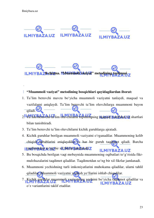 Ilmiybaza.uz 
 
23 
 
 
 
 
 
 
 
 
 
8-chizma. “Muammoli vaziyat” metodining tuzilmasi 
 
 
“Muammoli vaziyat” metodining bosqichlari quyidagilardan iborat:  
1. Ta’lim beruvchi mavzu bo‘yicha muammoli vaziyatni tanlaydi, maqsad va 
vazifalarni aniqlaydi. Ta’lim beruvchi ta’lim oluvchilarga muammoni bayon 
qiladi. 
2. Ta’lim beruvchi ta’lim oluvchilarni topshiriqning maqsad, vazifalari va shartlari 
bilan tanishtiradi. 
3. Ta’lim beruvchi ta’lim oluvchilarni kichik guruhlarga ajratadi. 
4. Kichik guruhlar berilgan muammoli vaziyatni o‘rganadilar. Muammoning kelib 
chiqish sabablarini aniqlaydilar va har bir guruh taqdimot qiladi. Barcha 
taqdimotdan so‘ng bir xil fikrlar jamlanadi. 
5. Bu bosqichda berilgan vaqt mobaynida muammoning oqibatlari to‘g‘risida fikr-
mulohazalarini taqdimot qiladilar. Taqdimotdan so‘ng bir xil fikrlar jamlanadi. 
6. Muammoni yechishning turli imkoniyatlarini muhokama qiladilar, ularni tahlil 
qiladilar. Muammoli vaziyatni yechish yo‘llarini ishlab chiqadilar.  
7. Kichik guruhlar muammoli vaziyatning yechimi bo‘yicha taqdimot qiladilar va 
o‘z variantlarini taklif etadilar. 
