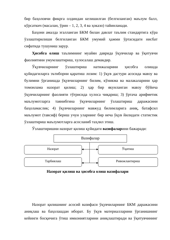 бир баҳоловчи фикрга олдиндан келишилган (белгиланган)  маълум балл,
кўрсаткич (масалан, ўрин – 1, 2, 3, 4 ва ҳоказо) тайинланади. 
Баҳони амалда эгалланган БКМ билан давлат таълим стандартига кўра
ўзлаштирилиши  белгиланган  БКМ  умумий  ҳажми  ўртасидаги  нисбат
сифатида тушуниш зарур. 
Ҳисобга  олиш таълимнинг  муайян  даврида  ўқувчилар  ва  ўқитувчи
фаолиятини умумлаштириш, хулосалаш демакдир.
Ўқувчиларнинг  ўзлаштириш  натижаларини  ҳисобга  олишда
қуйидагиларга эътиборни қаратиш лозим: 1) ўқув дастури асосида мавзу ва
булимни ўрганишда ўқувчиларнинг билим, кўникма ва малакаларини ҳар
томонлама  назорат  қилиш;  2)  ҳар  бир  якунланган  мавзу  бўйича
ўқувчиларнинг фаолияти тўғрисида хулоса чиқариш; 3) ўртача арифметик
маълумотларга  таянибгина  ўқувчиларнинг  ўзлаштириш  даражасини
баҳоламаслик;  4)  ўқувчиларнинг  мавжуд  билимларига  аниқ,  батафсил
маълумот (тавсиф) бериш учун уларнинг бир неча ўқув йилидаги статистик
ўзлаштириш маълумотларга асосланиб таҳлил этиш. 
Ўзлаштиришни назорат қилиш қуйидаги вазифаларини бажаради:
Назорат қилишнинг асосий вазифаси ўқувчиларнинг БКМ даражасини
аниқлаш  ва  баҳолашдан  иборат.  Бу  ўқув  материалларини  ўрганишнинг
кейинги босқичига ўтиш имкониятларини аниқлаштиради ва ўқитувчининг
Вазифалар
Ўқитиш
Назорат
Тарбиялаш
Ривожлантириш
Назорат қилиш ва ҳисобга олиш вазифалари

