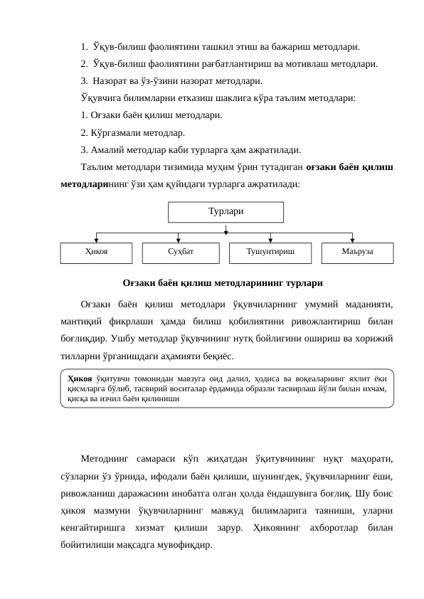 1. Ўқув-билиш фаолиятини ташкил этиш ва бажариш методлари.
2. Ўқув-билиш фаолиятини рағбатлантириш ва мотивлаш методлари.
3. Назорат ва ўз-ўзини назорат методлари. 
Ўқувчига билимларни етказиш шаклига кўра таълим методлари:
1. Оғзаки баён қилиш методлари.
2. Кўргазмали методлар.
3. Амалий методлар каби турларга ҳам ажратилади. 
Таълим методлари тизимида муҳим ўрин тутадиган оғзаки баён қилиш
методларининг ўзи ҳам қуйидаги турларга ажратилади: 
Оғзаки  баён  қилиш  методлари ўқувчиларнинг  умумий  маданияти,
мантиқий  фикрлаши  ҳамда  билиш  қобилиятини  ривожлантириш  билан
боғлиқдир. Ушбу методлар ўқувчининг нутқ бойлигини ошириш ва хорижий
тилларни ўрганишдаги аҳамияти беқиёс.
Методнинг  самараси  кўп  жиҳатдан  ўқитувчининг  нуқт  маҳорати,
сўзларни ўз ўрнида, ифодали баён қилиши, шунингдек, ўқувчиларнинг ёши,
ривожланиш даражасини инобатга олган ҳолда ёндашувига боғлиқ. Шу боис
ҳикоя  мазмуни  ўқувчиларнинг  мавжуд  билимларига  таяниши,  уларни
кенгайтиришга  хизмат  қилиши  зарур.  Ҳикоянинг  ахборотлар  билан
бойитилиши мақсадга мувофиқдир.
Турлари
Ҳикоя
Суҳбат
Тушунтириш
Маъруза
Оғзаки баён қилиш методларининг турлари
Ҳикоя ўқитувчи томонидан мавзуга оид далил, ҳодиса ва воқеаларнинг яхлит ёки 
қисмларга бўлиб, тасвирий воситалар ёрдамида образли тасвирлаш йўли билан ихчам, 
қисқа ва изчил баён қилиниши
