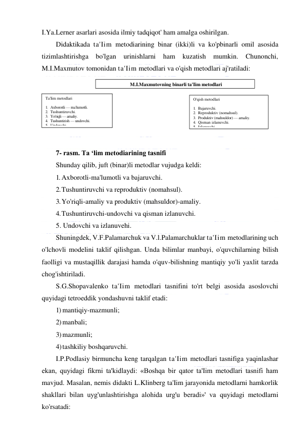  
 
I.Ya.Lerner asarlari asosida ilmiy tadqiqot' ham amalga oshirilgan. 
Didaktikada ta'Iim metodiarining binar (ikki)li va ko'pbinarli omil asosida 
tizimlashtirishga bo'lgan urinishlarni ham kuzatish mumkin. Chunonchi, 
M.I.Maxmutov tomonidan ta'Iim metodlari va o'qish metodlari aj'ratiladi: 
 
 
 
 
 
 
7- rasm. Ta ‘lim metodiarining tasnifi  
Shunday qilib, juft (binar)li metodlar vujudga keldi: 
1. Axborotli-ma'lumotli va bajaruvchi. 
2. Tushuntiruvchi va reproduktiv (nomahsul). 
3. Yo'riqli-amaliy va produktiv (mahsuldor)-amaliy. 
4. Tushuntiruvchi-undovchi va qisman izlanuvchi. 
5. Undovchi va izlanuvehi. 
Shuningdek, V.F.Palamarchuk va V.l.Palamarchuklar ta'Iim metodlarining uch 
o'lchovli modelini taklif qilishgan. Unda bilimlar manbayi, o'quvchilarning bilish 
faolligi va mustaqillik darajasi hamda o'quv-bilishning mantiqiy yo'li yaxlit tarzda 
chog'ishtiriladi. 
S.G.Shopavalenko ta'Iim metodlari tasnifini to'rt belgi asosida asoslovchi 
quyidagi tetroeddik yondashuvni taklif etadi: 
1) mantiqiy-mazmunli; 
2) manbali; 
3) mazmunli; 
4) tashkiliy boshqaruvchi. 
I.P.Podlasiy birmuncha keng tarqalgan ta'Iim metodlari tasnifiga yaqinlashar 
ekan, quyidagi fikrni ta'kidlaydi: «Boshqa bir qator ta'Iim metodlari tasnifi ham 
mavjud. Masalan, nemis didakti L.Klinberg ta'Iim jarayonida metodlarni hamkorlik 
shakllari bilan uyg'unlashtirishga alohida urg'u beradi»' va quyidagi metodlarni 
ko'rsatadi: 
M.I.Maxmutovning binarli ta'Iim metodlari 
 
O'qish metodlari 
1. Bajaruvchi. 
2. Reproduktiv (nomahsul). 
3. Produktiv (mahsuldor) — amaliy. 
4. Qisman izlanuvchi. 
5. Izlanuvchi 
 
Ta'Iim metodlari 
1. Axborotli — ma'lumotli. 
2. Tushuntiruvchi. 
3. Yo'riqli — amaliy. 
4. Tushuntirish — undovchi. 
5. Undovchi 
 
