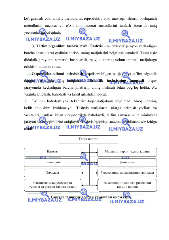  
 
ko‘rgazmali yoki amaliy metodlarni, reproduktiv yoki mustaqil ishlarni boshqarish 
metodlarini nazorat va o‘z-o‘zini nazorat metodlarini tanlash borasida aniq 
yechimlar qabul qiladi. 
 
3. Ta’lim olganlikni tashxis etish. Tashxis – bu didaktik jarayon kechadigan 
barcha sharoitlarni oydinlashtirish, uning natijalarini belgilash sanaladi. Tashxissiz 
didaktik jarayonni samarali boshqarish, mavjud sharoit uchun optimal natijalarga 
erishish mumkin emas. 
O‘quvchilar bilimni tashxislash orqali erishilgan natijalar va ta’lim olganlik 
darajasi o‘rtasida farq aniqlanadi. Didaktik tashxisning maqsadi o‘quv 
jarayonida kechadigan barcha jihatlarni uning mahsuli bilan bog‘liq holda, o‘z 
vaqtida aniqlash, baholash va tahlil qilishdan iborat. 
Ta’limni baholash yoki tekshirish faqat natijalarni qayd etadi, biroq ularning 
kelib chiqishini izohlamaydi. Tashxis natijalarini ularga erishish yo‘llari va 
vositalari, usullari bilan aloqadorlikda baholaydi, ta’lim samarasini ta’minlovchi 
jarayon va bosqichlarini aniqlaydi. Tashxis quyidagi nazorat shakllarini o‘z ichiga 
oladi: 
 
 
 
 
 
 
 
 
 
 
 
 
 
Ташхислаш 
Назорат 
Маълумотларни таҳлил қилиш 
Динамика 
Текшириш 
Баҳолаш 
Статистик маълумотларни  
тўплаш ва уларни таҳлил қилиш 
Воқеликнинг кейинги ривожини 
тахмин қилиш 
Ривожланиш анъаналарини аниқлаш 
Ташхислашнинг асосий таркибий қисмлари 
