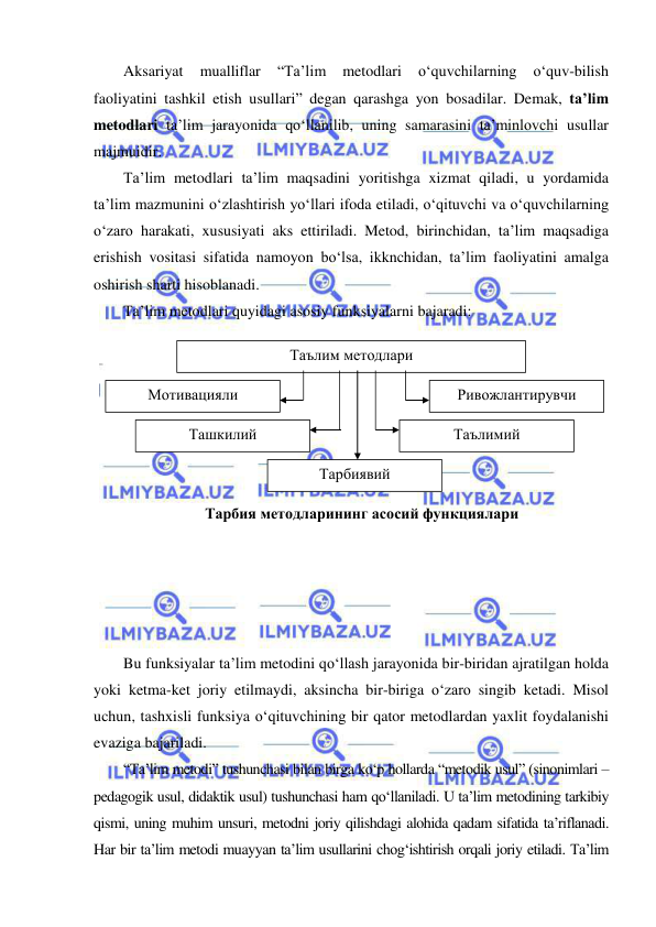  
 
Aksariyat 
mualliflar 
“Ta’lim 
metodlari 
o‘quvchilarning 
o‘quv-bilish 
faoliyatini tashkil etish usullari” degan qarashga yon bosadilar. Demak, ta’lim 
metodlari ta’lim jarayonida qo‘llanilib, uning samarasini ta’minlovchi usullar 
majmuidir.  
Ta’lim metodlari ta’lim maqsadini yoritishga xizmat qiladi, u yordamida 
ta’lim mazmunini o‘zlashtirish yo‘llari ifoda etiladi, o‘qituvchi va o‘quvchilarning 
o‘zaro harakati, xususiyati aks ettiriladi. Metod, birinchidan, ta’lim maqsadiga 
erishish vositasi sifatida namoyon bo‘lsa, ikknchidan, ta’lim faoliyatini amalga 
oshirish sharti hisoblanadi. 
Ta’lim metodlari quyidagi asosiy funksiyalarni bajaradi: 
 
 
 
 
 
 
 
 
 
 
 
 
Bu funksiyalar ta’lim metodini qo‘llash jarayonida bir-biridan ajratilgan holda 
yoki ketma-ket joriy etilmaydi, aksincha bir-biriga o‘zaro singib ketadi. Misol 
uchun, tashxisli funksiya o‘qituvchining bir qator metodlardan yaxlit foydalanishi 
evaziga bajariladi. 
“Ta’lim metodi” tushunchasi bilan birga ko‘p hollarda “metodik usul” (sinonimlari – 
pedagogik usul, didaktik usul) tushunchasi ham qo‘llaniladi. U ta’lim metodining tarkibiy 
qismi, uning muhim unsuri, metodni joriy qilishdagi alohida qadam sifatida ta’riflanadi. 
Har bir ta’lim metodi muayyan ta’lim usullarini chog‘ishtirish orqali joriy etiladi. Ta’lim 
Таълим методлари 
Мотивацияли 
Ривожлантирувчи 
Ташкилий 
Тарбиявий 
Таълимий 
Тарбия методларининг асосий функциялари 
