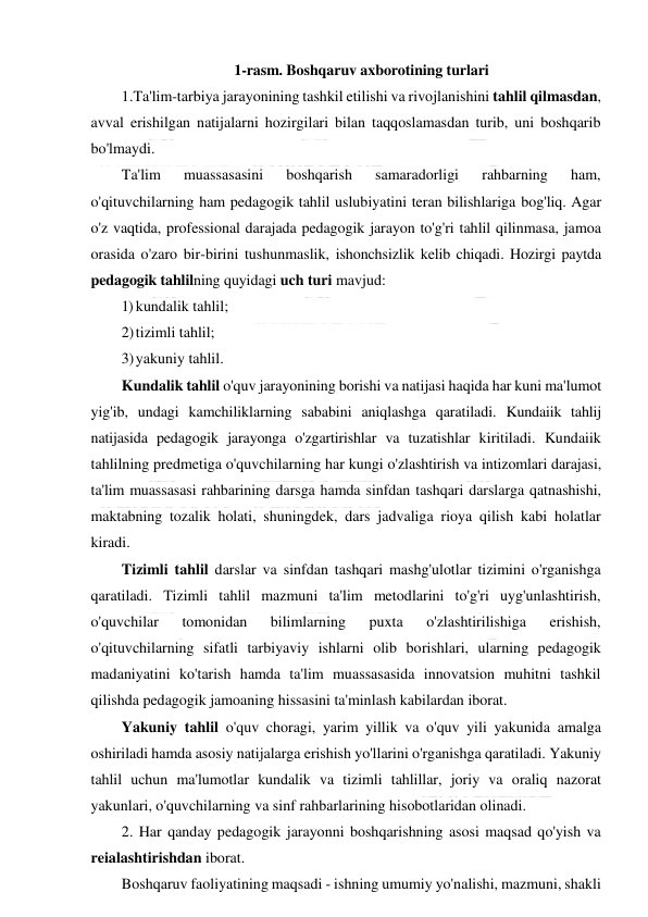  
 
1-rasm. Boshqaruv axborotining turlari 
1.Ta'lim-tarbiya jarayonining tashkil etilishi va rivojlanishini tahlil qilmasdan, 
avval erishilgan natijalarni hozirgilari bilan taqqoslamasdan turib, uni boshqarib 
bo'lmaydi. 
Ta'lim 
muassasasini 
boshqarish 
samaradorligi 
rahbarning 
ham, 
o'qituvchilarning ham pedagogik tahlil uslubiyatini teran bilishlariga bog'liq. Agar 
o'z vaqtida, professional darajada pedagogik jarayon to'g'ri tahlil qilinmasa, jamoa 
orasida o'zaro bir-birini tushunmaslik, ishonchsizlik kelib chiqadi. Hozirgi paytda 
pedagogik tahlilning quyidagi uch turi mavjud: 
1) kundalik tahlil; 
2) tizimli tahlil; 
3) yakuniy tahlil. 
Kundalik tahlil o'quv jarayonining borishi va natijasi haqida har kuni ma'lumot 
yig'ib, undagi kamchiliklarning sababini aniqlashga qaratiladi. Kundaiik tahlij 
natijasida pedagogik jarayonga o'zgartirishlar va tuzatishlar kiritiladi. Kundaiik 
tahlilning predmetiga o'quvchilarning har kungi o'zlashtirish va intizomlari darajasi, 
ta'lim muassasasi rahbarining darsga hamda sinfdan tashqari darslarga qatnashishi, 
maktabning tozalik holati, shuningdek, dars jadvaliga rioya qilish kabi holatlar 
kiradi. 
Tizimli tahlil darslar va sinfdan tashqari mashg'ulotlar tizimini o'rganishga 
qaratiladi. Tizimli tahlil mazmuni ta'lim metodlarini to'g'ri uyg'unlashtirish, 
o'quvchilar 
tomonidan 
bilimlarning 
puxta 
o'zlashtirilishiga 
erishish, 
o'qituvchilarning sifatli tarbiyaviy ishlarni olib borishlari, ularning pedagogik 
madaniyatini ko'tarish hamda ta'lim muassasasida innovatsion muhitni tashkil 
qilishda pedagogik jamoaning hissasini ta'minlash kabilardan iborat. 
Yakuniy tahlil o'quv choragi, yarim yillik va o'quv yili yakunida amalga 
oshiriladi hamda asosiy natijalarga erishish yo'llarini o'rganishga qaratiladi. Yakuniy 
tahlil uchun ma'lumotlar kundalik va tizimli tahlillar, joriy va oraliq nazorat 
yakunlari, o'quvchilarning va sinf rahbarlarining hisobotlaridan olinadi. 
2. Har qanday pedagogik jarayonni boshqarishning asosi maqsad qo'yish va 
reialashtirishdan iborat. 
Boshqaruv faoliyatining maqsadi - ishning umumiy yo'nalishi, mazmuni, shakli 
