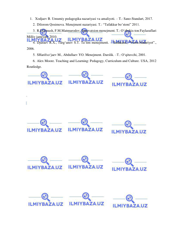  
 
1. Xodjaev B. Umumiy pedagogika nazariyasi va amaliyoti. – T.: Sano-Standart, 2017. 
2. Dilorom Qosimova. Menejment nazariyasi. T.: “Tafakkur bo’stoni” 2011.  
3. R.I.Gimush, F.M.Matmurodov,  Innovatsion menejment. T.: O‘zbekis-ton Faylasuflari 
Milliy jamiyati, 2010. 
4. Djuraev R.X., Turg‘unov S.T. Ta’lim menejmenti. – Toshkent., “Voris-Nashriyot”., 
2006.  
5. SHarifxo‘jaev M., Abdullaev YO. Menejment. Darslik. –T.: O‘qituvchi, 2001.  
6. Alex Moore. Teaching and Learning: Pedagogy, Curriculum and Culture. USA, 2012 
Routledge. 
 
