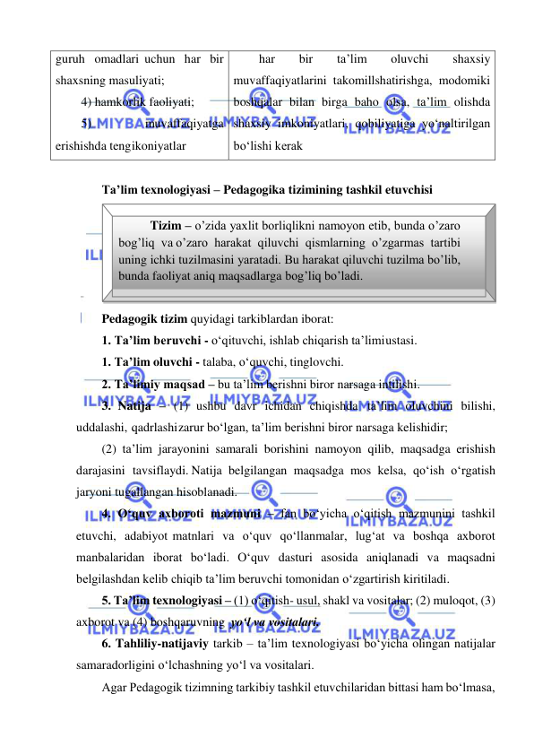  
 
guruh omadlari uchun har bir 
shaxsning masuliyati; 
4) hamkorlik faoliyati; 
5) 
muvaffaqiyatga 
erishishda teng ikoniyatlar 
har 
bir 
ta’lim 
oluvchi 
shaxsiy 
muvaffaqiyatlarini takomillshatirishga, modomiki 
boshqalar bilan birga baho olsa, ta’lim olishda 
shaxsiy imkoniyatlari, qobiliyatiga yo‘naltirilgan 
bo‘lishi kerak 
 
Ta’lim texnologiyasi – Pedagogika tizimining tashkil etuvchisi 
 
Pedagogik tizim quyidagi tarkiblardan iborat: 
1. Ta’lim beruvchi - o‘qituvchi, ishlab chiqarish ta’limi ustasi. 
1. Ta’lim oluvchi - talaba, o‘quvchi, tinglovchi. 
2. Ta’limiy maqsad – bu ta’lim berishni biror narsaga intilishi. 
3. Natija – (1) ushbu davr ichidan chiqishda ta’lim oluvchini bilishi, 
uddalashi, qadrlashi zarur bo‘lgan, ta’lim berishni biror narsaga kelishidir; 
(2) ta’lim jarayonini samarali borishini namoyon qilib, maqsadga erishish 
darajasini tavsiflaydi. Natija belgilangan maqsadga mos kelsa, qo‘ish o‘rgatish 
jaryoni tugallangan hisoblanadi. 
4. O‘quv axboroti mazmuni – fan bo‘yicha o‘qitish mazmunini tashkil 
etuvchi, adabiyot matnlari va o‘quv qo‘llanmalar, lug‘at va boshqa axborot 
manbalaridan iborat bo‘ladi. O‘quv dasturi asosida aniqlanadi va maqsadni 
belgilashdan kelib chiqib ta’lim beruvchi tomonidan o‘zgartirish kiritiladi. 
5. Ta’lim texnologiyasi – (1) o‘qitish- usul, shakl va vositalar; (2) muloqot, (3) 
axborot va (4) boshqaruvning yo‘l va vositalari. 
6. Tahliliy-natijaviy tarkib – ta’lim texnologiyasi bo‘yicha olingan natijalar 
samaradorligini o‘lchashning yo‘l va vositalari. 
Agar Pedagogik tizimning tarkibiy tashkil etuvchilaridan bittasi ham bo‘lmasa, 
Tizim – o’zida yaxlit borliqlikni namoyon etib, bunda o’zaro 
bog’liq va o’zaro harakat qiluvchi qismlarning o’zgarmas tartibi 
uning ichki tuzilmasini yaratadi. Bu harakat qiluvchi tuzilma bo’lib, 
bunda faoliyat aniq maqsadlarga bog’liq bo’ladi. 
