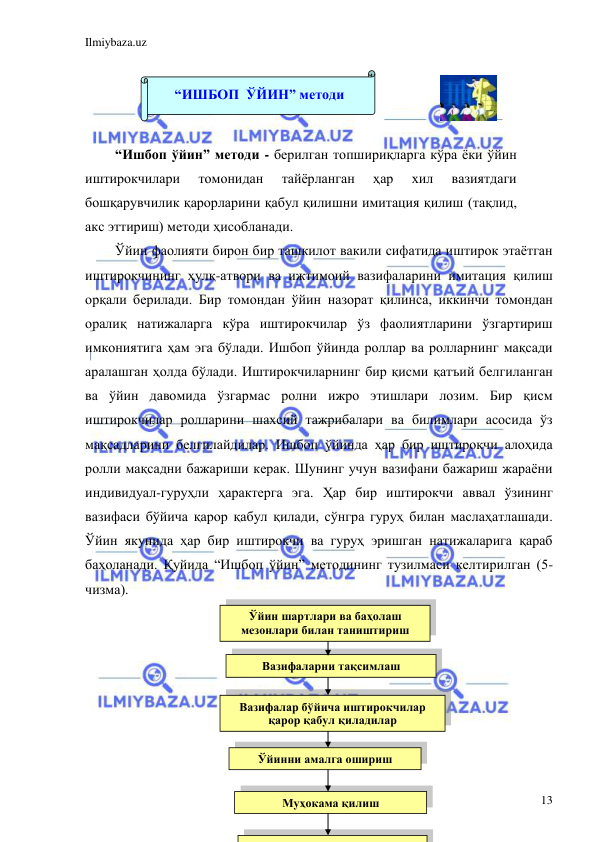 Ilmiybaza.uz 
 
13 
 
“Ишбоп ўйин” методи - берилган топшириқларга кўра ёки ўйин 
иштирокчилари 
томонидан 
тайёрланган 
ҳар 
хил 
вазиятдаги 
бошқарувчилик қарорларини қабул қилишни имитация қилиш (тақлид, 
акс эттириш) методи ҳисобланади. 
Ўйин фаолияти бирон бир ташкилот вакили сифатида иштирок этаётган 
иштирокчининг ҳулқ-атвори ва ижтимоий вазифаларини имитация қилиш 
орқали берилади. Бир томондан ўйин назорат қилинса, иккинчи томондан 
оралиқ натижаларга кўра иштирокчилар ўз фаолиятларини ўзгартириш 
имкониятига ҳам эга бўлади. Ишбоп ўйинда роллар ва ролларнинг мақсади 
аралашган ҳолда бўлади. Иштирокчиларнинг бир қисми қатъий белгиланган 
ва ўйин давомида ўзгармас ролни ижро этишлари лозим. Бир қисм 
иштирокчилар ролларини шахсий тажрибалари ва билимлари асосида ўз 
мақсадларини белгилайдилар. Ишбоп ўйинда ҳар бир иштирокчи алоҳида 
ролли мақсадни бажариши керак. Шунинг учун вазифани бажариш жараёни 
индивидуал-гуруҳли ҳарактерга эга. Ҳар бир иштирокчи аввал ўзининг 
вазифаси бўйича қарор қабул қилади, сўнгра гуруҳ билан маслаҳатлашади. 
Ўйин якунида ҳар бир иштирокчи ва гуруҳ эришган натижаларига қараб 
баҳоланади. Қуйида “Ишбоп ўйин” методининг тузилмаси келтирилган (5-
чизма). 
 
 
 
 
 
 
 
Вазифаларни тақсимлаш 
 
Вазифалар бўйича иштирокчилар 
қарор қабул қиладилар 
 
Ўйинни амалга ошириш 
 
Муҳокама қилиш 
 
Ўйин шартлари ва баҳолаш 
мезонлари билан таништириш 
 
 
“ИШБОП  ЎЙИН” методи 
 
 
 
