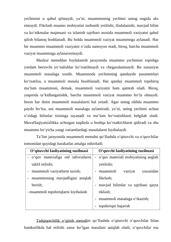 yechimini  u  qabul  qilmaydi,  ya’ni,  muammoning  yechimi  uning  ongida  aks
etmaydi. Fikrlash muamo mohiyatini tushunib yetilishi, ifodalanishi, mavjud bilim
va ko‘nikmalar majmuasi va izlanish tajribasi asosida muammoli vaziyatni qabul
qilish bilanoq boshlanadi. Bu holda muammoli vaziyat muammoga aylanadi. Har
bir muammo muammoli vaziyatni o‘zida namoyon etadi, biroq, barcha muammoli
vaziyat muammoga aylanavermaydi.
Mazkur  metoddan foydalanish  jarayonida  muammo  yechimini  topishga
yordam beruvchi yo‘nalishlar ko‘rsatilmaydi va chegaralanmaydi. Bu xususiyat
muammoli  masalaga  xosdir.  Muammoda  yechimning  qandaydir  parametrlari
ko‘rsatilsa,  u muammoli masala hisoblanadi. Har  qanday muammoli  topshiriq
ma’lum  muammoni,  demak,  muammoli  vaziyatni  ham  qamrab  oladi.  Biroq,
yuqorida ta’kidlanganidek, barcha muammoli vaziyat muammo bo‘la olmaydi.
Inson har doim muammoli masalalarni hal yetadi. Agar uning oldida muammo
paydo bo‘lsa, uni muammoli masalaga aylantiradi, ya’ni, uning yechimi uchun
o‘zidagi  bilimlar  tizimiga  tayanadi  va  ma’lum  ko‘rsatishlarni  belgilab  oladi.
Muvaffaqiyatsizlikka uchragan taqdirda u boshqa ko‘rsatkichlarni qidiradi va shu
muammo bo‘yicha yangi variantlardagi masalalarni loyihalaydi.
Ta’lim jarayonida muammoli metodni qo‘llashda o‘qituvchi va o‘quvchilar
tomonidan quyidagi harakatlar amalga oshiriladi: 
O‘qituvchi faoliyatining tuzilmasi
O‘quvchi faoliyatining tuzilmasi
-
o‘quv  materialiga  oid  tafovutlarni
taklif etilishi;
-
muammoli vaziyatlarni tuzish;
-
muammoning  mavjudligini  aniqlab
berish;
- muammoli topshiriqlarni loyihalash
- o‘quv materiali mohiyatining anglab
yetilishi;
- muammoli  vaziyat  yuzasidan
fikrlash;
- mavjud bilimlar va tajribani  qayta
tiklash;
- muammoli masalaga o‘tkazish;
- topshiriqni bajarish
    
Tadqiqotchilik o‘qitish metodini qo‘llashda o‘qituvchi o‘quvchilar bilan
hamkorlikda hal etilishi zarur bo‘lgan masalani aniqlab oladi, o‘quvchilar esa
