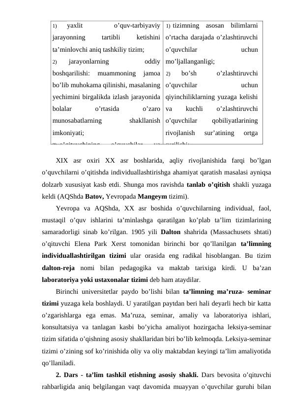 1)
yaxlit
 
o’quv-tarbiyaviy
jarayonning
 
tartibli
 
ketishini
ta’minlovchi aniq tashkiliy tizim;
2)
jarayonlarning
 
oddiy
boshqarilishi:  muammoning  jamoa
bo’lib muhokama qilinishi, masalaning
yechimini birgalikda izlash jarayonida
bolalar
 
o’rtasida
 
o’zaro
munosabatlarning
 
shakllanish
imkoniyati;
3) o’qituvchining  o’quvchilar  va
1) tizimning  asosan  bilimlarni
o’rtacha darajada o’zlashtiruvchi
o’quvchilar
 
uchun
mo’ljallanganligi;
2)
bo’sh
 
o’zlashtiruvchi
o’quvchilar
 
uchun
qiyinchiliklarning yuzaga kelishi
va
 
kuchli
 
o’zlashtiruvchi
o’quvchilar
 
qobiliyatlarining
rivojlanish  sur’atining  ortga
surilishi;
XIX  asr  oxiri  XX  asr  boshlarida,  aqliy  rivojlanishida  farqi  bo’lgan
o’quvchilarni o’qitishda individuallashtirishga ahamiyat qaratish masalasi ayniqsa
dolzarb xususiyat kasb etdi. Shunga mos ravishda tanlab o’qitish shakli yuzaga
keldi (AQShda Batov, Yevropada Mangeym tizimi).
Yevropa  va  AQShda,  XX  asr  boshida  o’quvchilarning  individual,  faol,
mustaqil  o’quv  ishlarini  ta’minlashga  qaratilgan  ko’plab  ta’lim  tizimlarining
samaradorligi sinab ko’rilgan. 1905 yili  Dalton shahrida (Massachusets shtati)
o’qituvchi  Elena  Park  Xerst  tomonidan  birinchi  bor  qo’llanilgan  ta’limning
individuallashtirilgan  tizimi ular  orasida  eng  radikal  hisoblangan.  Bu  tizim
dalton-reja nomi  bilan  pedagogika  va  maktab  tarixiga  kirdi.  U  ba’zan
laboratoriya yoki ustaxonalar tizimi deb ham ataydilar.
Birinchi universitetlar paydo bo’lishi bilan  ta’limning ma’ruza- seminar
tizimi yuzaga kela boshlaydi. U yaratilgan paytdan beri hali deyarli hech bir katta
o’zgarishlarga  ega  emas.  Ma’ruza,  seminar,  amaliy  va  laboratoriya  ishlari,
konsultatsiya  va tanlagan  kasbi  bo’yicha  amaliyot  hozirgacha  leksiya-seminar
tizim sifatida o’qishning asosiy shakllaridan biri bo’lib kelmoqda. Leksiya-seminar
tizimi o’zining sof ko’rinishida oliy va oliy maktabdan keyingi ta’lim amaliyotida
qo’llaniladi.
2. Dars - ta’lim tashkil etishning asosiy shakli. Dars bevosita o’qituvchi
rahbarligida aniq belgilangan vaqt davomida muayyan o’quvchilar guruhi bilan
