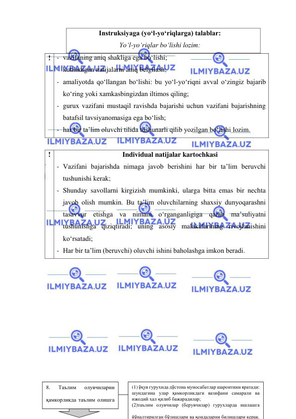  
 
Instruksiyaga (yo‘l-yo‘riqlarga) talablar: 
Yo‘l-yo‘riqlar bo‘lishi lozim: 
! - vazifaning aniq shakliga ega bo‘lishi; 
- kutiladigan natijalarni aniq belgilash; 
- amaliyotda qo‘llangan bo‘lishi: bu yo‘l-yo‘riqni avval o‘zingiz bajarib 
ko‘ring yoki xamkasbingizdan iltimos qiling; 
- gurux vazifani mustaqil ravishda bajarishi uchun vazifani bajarishning 
batafsil tavsiyanomasiga ega bo‘lish; 
- har bir ta’lim oluvchi tilida tushunarli qilib yozilgan bo‘lishi lozim. 
 
! 
Individual natijalar kartochkasi 
- Vazifani bajarishda nimaga javob berishini har bir ta’lim beruvchi 
tushunishi kerak;  
- Shunday savollarni kirgizish mumkinki, ularga bitta emas bir nechta 
javob olish mumkin. Bu ta’lim oluvchilarning shaxsiy dunyoqarashni 
tasavvur etishga va nimani o‘rganganligiga qarab ma’suliyatni 
tushunishga qiziqtiradi; uning asosiy malakalarining rivojlanishini 
ko‘rsatadi;  
- Har bir ta’lim (beruvchi) oluvchi ishini baholashga imkon beradi.  
 
 
 
 
 
 
 
 
 
 
 
(1) ўқув гурухида дўстона муносабатлар шароитини яратади: 
шундагина улар ҳамкорликдаги вазифани самарали ва 
ижодий хал қилиб бажарадилар;  
(2)таълим олувчилар (берувчилар) гурухларда ишлашга 
йўналтирилган бўлишлари ва қоидаларни билишлари керак.  
8. 
Таълим 
олувчиларни 
ҳамкорликда таълим олишга 
