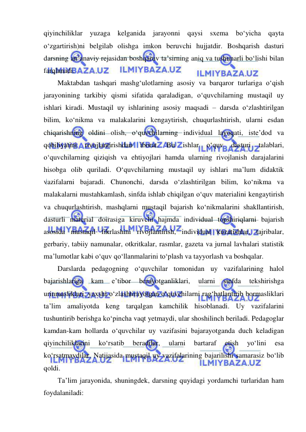  
 
qiyinchiliklar yuzaga kelganida jarayonni qaysi sxema bo‘yicha qayta 
o‘zgartirish)ni belgilab olishga imkon beruvchi hujjatdir. Boshqarish dasturi 
darsning an’anaviy rejasidan boshqaruv ta’sirning aniq va tushunarli bo‘lishi bilan 
farqlanadi. 
Maktabdan tashqari mashg‘ulotlarning asosiy va barqaror turlariga o‘qish 
jarayonining tarkibiy qismi sifatida qaraladigan, o‘quvchilarning mustaqil uy 
ishlari kiradi. Mustaqil uy ishlarining asosiy maqsadi – darsda o‘zlashtirilgan 
bilim, ko‘nikma va malakalarini kengaytirish, chuqurlashtirish, ularni esdan 
chiqarishning oldini olish, o‘quvchilarning individual layoqati, iste’dod va 
qobiliyatini 
rivojlantirishdan 
iborat. 
Bu 
ishlar 
o‘quv 
dasturi 
talablari, 
o‘quvchilarning qiziqish va ehtiyojlari hamda ularning rivojlanish darajalarini 
hisobga olib quriladi. O‘quvchilarning mustaqil uy ishlari ma’lum didaktik 
vazifalarni bajaradi. Chunonchi, darsda o‘zlashtirilgan bilim, ko‘nikma va 
malakalarni mustahkamlash, sinfda ishlab chiqilgan o‘quv materialini kengaytirish 
va chuqurlashtirish, mashqlarni mustaqil bajarish ko‘nikmalarini shakllantirish, 
dasturli material doirasiga kiruvchi hajmda individual topshiriqlarni bajarish 
asosida mustaqil fikrlashini rivojlantirish, individual kuzatishlar, tajribalar, 
gerbariy, tabiiy namunalar, otkritkalar, rasmlar, gazeta va jurnal lavhalari statistik 
ma’lumotlar kabi o‘quv qo‘llanmalarini to‘plash va tayyorlash va boshqalar. 
Darslarda pedagogning o‘quvchilar tomonidan uy vazifalarining halol 
bajarishlariga 
kam 
e’tibor 
berayotganliklari, 
ularni 
sinfda 
tekshirishga 
urinmasliklari, yaxshi o‘zlashtirayotgan o‘quvchilarni rag‘batlantirib bormasliklari 
ta’lim amaliyotda keng tarqalgan kamchilik hisoblanadi. Uy vazifalarini 
tushuntirib berishga ko‘pincha vaqt yetmaydi, ular shoshilinch beriladi. Pedagoglar 
kamdan-kam hollarda o‘quvchilar uy vazifasini bajarayotganda duch keladigan 
qiyinchiliklarini 
ko‘rsatib 
beradilar, 
ularni 
bartaraf 
etish 
yo‘lini 
esa 
ko‘rsatmaydilar. Natijasida mustaqil uy vazifalarining bajarilishi samarasiz bo‘lib 
qoldi.  
Ta’lim jarayonida, shuningdek, darsning quyidagi yordamchi turlaridan ham 
foydalaniladi: 
