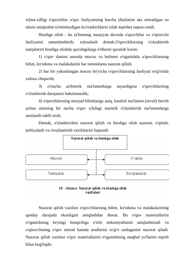 xilma-xilligi o'quvchilar o'quv faoliyatining barcha jihatlarini aks ettiradigan va
ularni aniqlashni ta'minlaydigan ko'rsatkichlarni izlab topishni taqozo etadi.
Hisobga olish - bu ta'limning muayyan davrida o'quvchilar va o'qituvchi
faoliyatini  umumlashtirib,  xulosalash  demak.O'quvchilarning  o'zlashtirish
natijalarini hisobga olishda quyidagilarga e'tiborni qaratish lozim:
1) o'quv dasturi asosida mavzu va bulimni o'rganishda o'quvchilarning
bilim, ko'nikma va malakalarini har tomonlama nazorat qilish;
2) har bir yakunlangan mavzu bo'yicha o'quvchilarning faoliyati to'g'risida
xulosa chiqarish;
3)  o'rtacha  arifmetik  ma'lumotlarga  tayanibgina  o'quvchilarning
o'zlashtirish darajasini baholamaslik;
4) o'quvchilarning mavjud bilimlariga aniq, batafsil ma'lumot (tavsif) berish
uchun  ularning  bir  necha  o'quv  yilidagi  statistik  o'zlashtirish  ma'lumotlarga
asoslanib tahlil etish.
Demak, o'zlashtirishni nazorat qilish va hisobga olish nazorat, o'qitish,
tarbiyalash va rivojlantirish vazifalarini bajaradi:
Nazorat qilish vazifasi o'quvchilarning bilim, ko'nikma va malakalarining
qanday  darajada  ekanligini  aniqlashdan  iborat.  Bu  o'quv  materiallarini
o'rganishning  keyingi  bosqichiga  o'tish  imkoniyatlarini  aniqlashtiradi  va
o'qituvchining o'quv  metod  hamda usullarini  to'g'ri  tanlaganini  nazorat  qiladi.
Nazorat qilish vazifasi o'quv materiallarini o'rganishning maqbul yo'llarini topish
bilan bog'liqdir.
