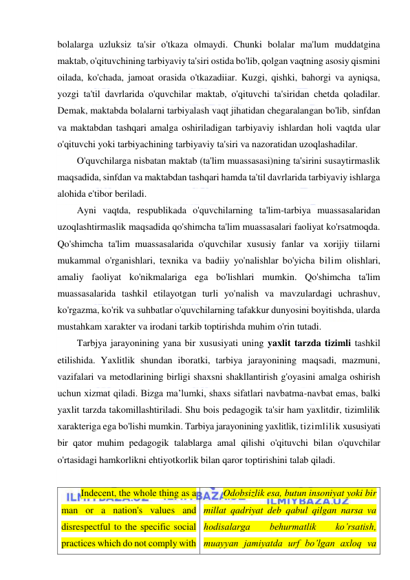  
 
bolalarga uzluksiz ta'sir o'tkaza olmaydi. Chunki bolalar ma'lum muddatgina 
maktab, o'qituvchining tarbiyaviy ta'siri ostida bo'lib, qolgan vaqtning asosiy qismini 
oilada, ko'chada, jamoat orasida o'tkazadiiar. Kuzgi, qishki, bahorgi va ayniqsa, 
yozgi ta'til davrlarida o'quvchilar maktab, o'qituvchi ta'siridan chetda qoladilar. 
Demak, maktabda bolalarni tarbiyalash vaqt jihatidan chegaralangan bo'lib, sinfdan 
va maktabdan tashqari amalga oshiriladigan tarbiyaviy ishlardan holi vaqtda ular 
o'qituvchi yoki tarbiyachining tarbiyaviy ta'siri va nazoratidan uzoqlashadilar. 
O'quvchilarga nisbatan maktab (ta'lim muassasasi)ning ta'sirini susaytirmaslik 
maqsadida, sinfdan va maktabdan tashqari hamda ta'til davrlarida tarbiyaviy ishlarga 
alohida e'tibor beriladi. 
Ayni vaqtda, respublikada o'quvchilarning ta'lim-tarbiya muassasalaridan 
uzoqlashtirmaslik maqsadida qo'shimcha ta'lim muassasalari faoliyat ko'rsatmoqda. 
Qo'shimcha ta'lim muassasalarida o'quvchilar xususiy fanlar va xorijiy tiilarni 
mukammal o'rganishlari, texnika va badiiy yo'nalishlar bo'yicha bilim olishlari, 
amaliy faoliyat ko'nikmalariga ega bo'lishlari mumkin. Qo'shimcha ta'lim 
muassasalarida tashkil etilayotgan turli yo'nalish va mavzulardagi uchrashuv, 
ko'rgazma, ko'rik va suhbatlar o'quvchilarning tafakkur dunyosini boyitishda, ularda 
mustahkam xarakter va irodani tarkib toptirishda muhim o'rin tutadi. 
Tarbjya jarayonining yana bir xususiyati uning yaxlit tarzda tizimli tashkil 
etilishida. Yaxlitlik shundan iboratki, tarbiya jarayonining maqsadi, mazmuni, 
vazifalari va metodlarining birligi shaxsni shakllantirish g'oyasini amalga oshirish 
uchun xizmat qiladi. Bizga ma’lumki, shaxs sifatlari navbatma-navbat emas, balki 
yaxlit tarzda takomillashtiriladi. Shu bois pedagogik ta'sir ham yaxlitdir, tizimlilik 
xarakteriga ega bo'lishi mumkin. Tarbiya jarayonining yaxlitlik, tizimlilik xususiyati 
bir qator muhim pedagogik talablarga amal qilishi o'qituvchi bilan o'quvchilar 
o'rtasidagi hamkorlikni ehtiyotkorlik bilan qaror toptirishini talab qiladi. 
 
Indecent, the whole thing as a 
man or a nation's values and 
disrespectful to the specific social 
practices which do not comply with 
Odobsizlik esa, butun insoniyat yoki bir 
millat qadriyat deb qabul qilgan narsa va 
hodisalarga 
behurmatlik 
ko’rsatish, 
muayyan jamiyatda urf bo’lgan axloq va 
