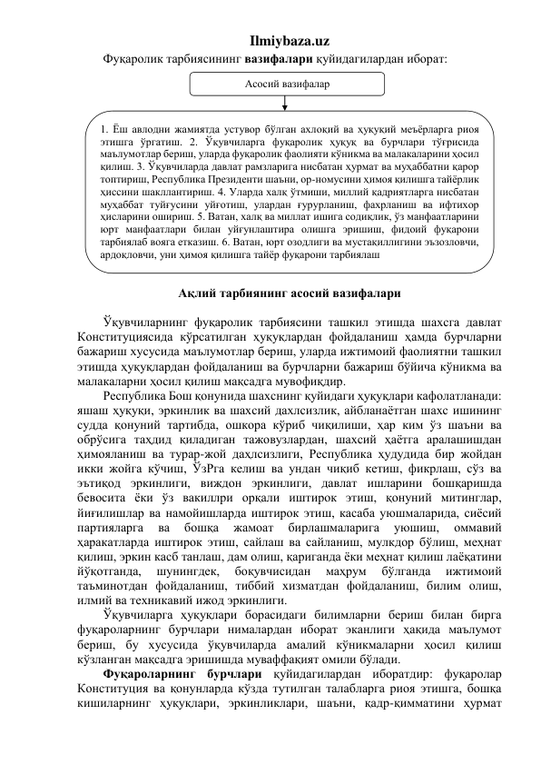 Ilmiybaza.uz 
Фуқаролик тарбиясининг вазифалари қуйидагилардан иборат: 
 
 
 
 
 
 
 
 
 
 
 
 
 
 
 
 
 
Ўқувчиларнинг фуқаролик тарбиясини ташкил этишда шахсга давлат 
Конституциясида кўрсатилган ҳуқуқлардан фойдаланиш ҳамда бурчларни 
бажариш хусусида маълумотлар бериш, уларда ижтимоий фаолиятни ташкил 
этишда ҳуқуқлардан фойдаланиш ва бурчларни бажариш бўйича кўникма ва 
малакаларни ҳосил қилиш мақсадга мувофиқдир. 
Республика Бош қонунида шахснинг қуйидаги ҳуқуқлари кафолатланади: 
яшаш ҳуқуқи, эркинлик ва шахсий дахлсизлик, айбланаётган шахс ишининг 
судда қонуний тартибда, ошкора кўриб чиқилиши, ҳар ким ўз шаъни ва 
обрўсига таҳдид қиладиган тажовузлардан, шахсий ҳаётга аралашишдан 
ҳимояланиш ва турар-жой даҳлсизлиги, Республика ҳудудида бир жойдан 
икки жойга кўчиш, ЎзРга келиш ва ундан чиқиб кетиш, фикрлаш, сўз ва 
эътиқод эркинлиги, виждон эркинлиги, давлат ишларини бошқаришда 
бевосита ёки ўз вакиллри орқали иштирок этиш, қонуний митинглар, 
йиғилишлар ва намойишларда иштирок этиш, касаба уюшмаларида, сиёсий 
партияларга 
ва 
бошқа 
жамоат 
бирлашмаларига 
уюшиш, 
оммавий 
ҳаракатларда иштирок этиш, сайлаш ва сайланиш, мулкдор бўлиш, меҳнат 
қилиш, эркин касб танлаш, дам олиш, қариганда ёки меҳнат қилиш лаёқатини 
йўқотганда, 
шунингдек, 
боқувчисидан 
маҳрум 
бўлганда 
ижтимоий 
таъминотдан фойдаланиш, тиббий хизматдан фойдаланиш, билим олиш, 
илмий ва техникавий ижод эркинлиги. 
Ўқувчиларга ҳуқуқлари борасидаги билимларни бериш билан бирга 
фуқароларнинг бурчлари нималардан иборат эканлиги ҳақида маълумот 
бериш, бу хусусида ўқувчиларда амалий кўникмаларни ҳосил қилиш 
кўзланган мақсадга эришишда муваффақият омили бўлади. 
Фуқароларнинг бурчлари қуйидагилардан иборатдир: фуқаролар 
Конституция ва қонунларда кўзда тутилган талабларга риоя этишга, бошқа 
кишиларнинг ҳуқуқлари, эркинликлари, шаъни, қадр-қимматини ҳурмат 
Асосий вазифалар 
1. Ёш авлодни жамиятда устувор бўлган ахлоқий ва ҳуқуқий меъёрларга риоя 
этишга ўргатиш. 2. Ўқувчиларга фуқаролик ҳуқуқ ва бурчлари тўғрисида 
маълумотлар бериш, уларда фуқаролик фаолияти кўникма ва малакаларини ҳосил 
қилиш. 3. Ўқувчиларда давлат рамзларига нисбатан ҳурмат ва муҳаббатни қарор 
топтириш, Республика Президенти шаъни, ор-номусини ҳимоя қилишга тайёрлик 
ҳиссини шакллантириш. 4. Уларда халқ ўтмиши, миллий қадриятларга нисбатан 
муҳаббат туйғусини уйғотиш, улардан ғурурланиш, фахрланиш ва ифтихор 
ҳисларини ошириш. 5. Ватан, халқ ва миллат ишига содиқлик, ўз манфаатларини 
юрт манфаатлари билан уйғунлаштира олишга эришиш, фидоий фуқарони 
тарбиялаб вояга етказиш. 6. Ватан, юрт озодлиги ва мустақиллигини эъзозловчи, 
ардоқловчи, уни ҳимоя қилишга тайёр фуқарони тарбиялаш 
 
Ақлий тарбиянинг асосий вазифалари 
