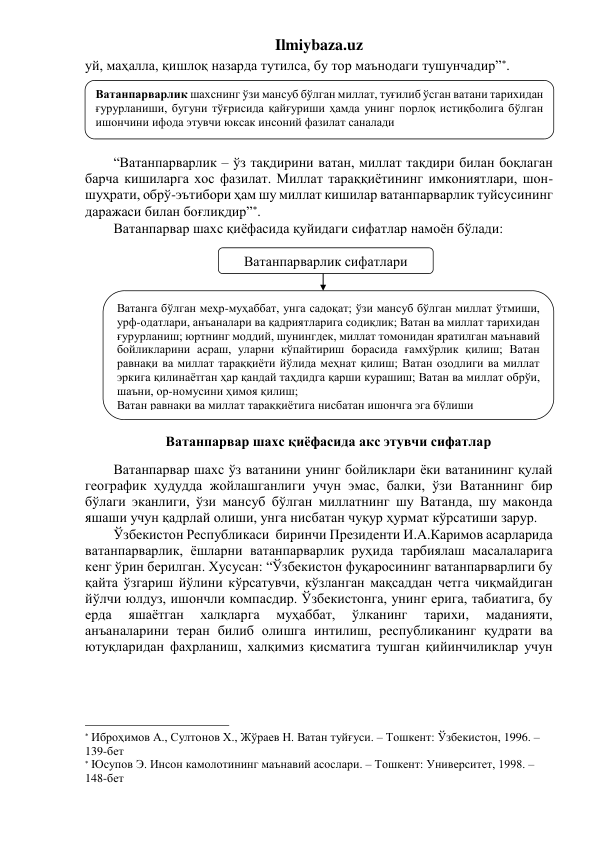 Ilmiybaza.uz 
уй, маҳалла, қишлоқ назарда тутилса, бу тор маънодаги тушунчадир”. 
 
 
 
 
 
“Ватанпарварлик – ўз тақдирини ватан, миллат тақдири билан боқлаган 
барча кишиларга хос фазилат. Миллат тараққиётининг имкониятлари, шон-
шуҳрати, обрў-эътибори ҳам шу миллат кишилар ватанпарварлик туйсусининг 
даражаси билан боғлиқдир”. 
Ватанпарвар шахс қиёфасида қуйидаги сифатлар намоён бўлади: 
 
 
 
 
 
 
 
 
 
 
 
 
 
 
Ватанпарвар шахс ўз ватанини унинг бойликлари ёки ватанининг қулай 
географик ҳудудда жойлашганлиги учун эмас, балки, ўзи Ватаннинг бир 
бўлаги эканлиги, ўзи мансуб бўлган миллатнинг шу Ватанда, шу маконда 
яшаши учун қадрлай олиши, унга нисбатан чуқур ҳурмат кўрсатиши зарур.  
Ўзбекистон Республикаси  биринчи Президенти И.А.Каримов асарларида 
ватанпарварлик, ёшларни ватанпарварлик руҳида тарбиялаш масалаларига 
кенг ўрин берилган. Хусусан: “Ўзбекистон фуқаросининг ватанпарварлиги бу 
қайта ўзгариш йўлини кўрсатувчи, кўзланган мақсаддан четга чиқмайдиган 
йўлчи юлдуз, ишончли компасдир. Ўзбекистонга, унинг ерига, табиатига, бу 
ерда 
яшаётган 
халқларга 
муҳаббат, 
ўлканинг 
тарихи, 
маданияти, 
анъаналарини теран билиб олишга интилиш, республиканинг қудрати ва 
ютуқларидан фахрланиш, халқимиз қисматига тушган қийинчиликлар учун 
                                                                 
 Иброҳимов А., Султонов Х., Жўраев Н. Ватан туйғуси. – Тошкент: Ўзбекистон, 1996. – 
139-бет 
 Юсупов Э. Инсон камолотининг маънавий асослари. – Тошкент: Университет, 1998. – 
148-бет 
Ватанпарварлик шахснинг ўзи мансуб бўлган миллат, туғилиб ўсган ватани тарихидан 
ғурурланиши, бугуни тўғрисида қайғуриши ҳамда унинг порлоқ истиқболига бўлган 
ишончини ифода этувчи юксак инсоний фазилат саналади 
 
Ватанпарварлик сифатлари 
Ватанга бўлган меҳр-муҳаббат, унга садоқат; ўзи мансуб бўлган миллат ўтмиши, 
урф-одатлари, анъаналари ва қадриятларига содиқлик; Ватан ва миллат тарихидан 
ғурурланиш; юртнинг моддий, шунингдек, миллат томонидан яратилган маънавий 
бойликларини асраш, уларни кўпайтириш борасида ғамхўрлик қилиш; Ватан 
равнақи ва миллат тараққиёти йўлида меҳнат қилиш; Ватан озодлиги ва миллат 
эркига қилинаётган ҳар қандай таҳдидга қарши курашиш; Ватан ва миллат обрўи, 
шаъни, ор-номусини ҳимоя қилиш;  
Ватан равнақи ва миллат тараққиётига нисбатан ишончга эга бўлиши 
 
Ватанпарвар шахс қиёфасида акс этувчи сифатлар 
