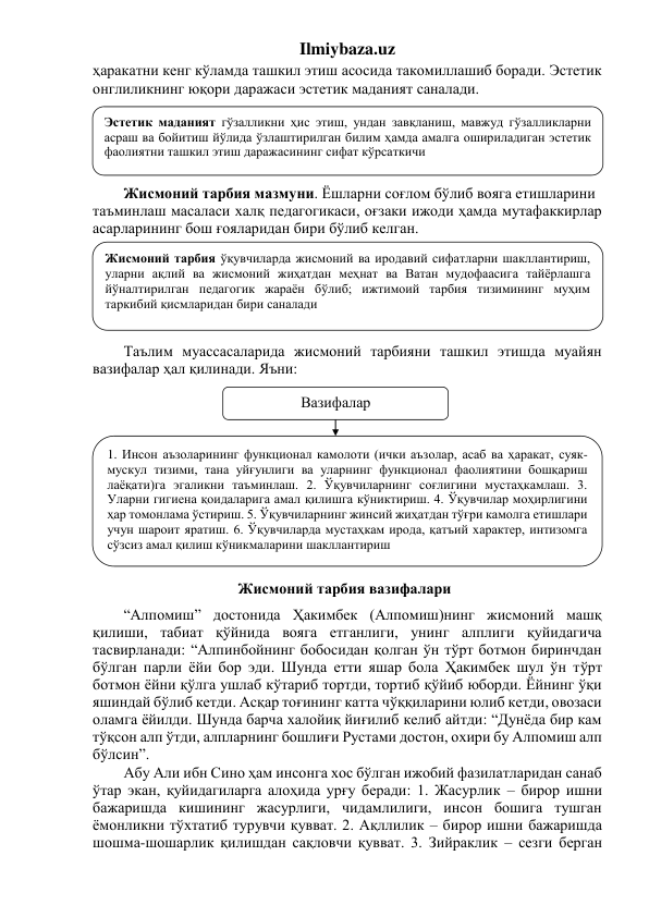 Ilmiybaza.uz 
ҳаракатни кенг кўламда ташкил этиш асосида такомиллашиб боради. Эстетик 
онглиликнинг юқори даражаси эстетик маданият саналади. 
 
 
 
 
 
Жисмоний тарбия мазмуни. Ёшларни соғлом бўлиб вояга етишларини  
таъминлаш масаласи халқ педагогикаси, оғзаки ижоди ҳамда мутафаккирлар 
асарларининг бош ғояларидан бири бўлиб келган.  
 
 
 
 
 
 
Таълим муассасаларида жисмоний тарбияни ташкил этишда муайян 
вазифалар ҳал қилинади. Яъни: 
 
 
 
 
 
 
 
 
 
 
 
 
 
“Алпомиш” достонида Ҳакимбек (Алпомиш)нинг жисмоний машқ 
қилиши, табиат қўйнида вояга етганлиги, унинг алплиги қуйидагича 
тасвирланади: “Алпинбойнинг бобосидан қолган ўн тўрт ботмон биринчдан 
бўлган парли ёйи бор эди. Шунда етти яшар бола Ҳакимбек шул ўн тўрт 
ботмон ёйни қўлга ушлаб кўтариб тортди, тортиб қўйиб юборди. Ёйнинг ўқи 
яшиндай бўлиб кетди. Асқар тоғининг катта чўққиларини юлиб кетди, овозаси 
оламга ёйилди. Шунда барча халойиқ йиғилиб келиб айтди: “Дунёда бир кам 
тўқсон алп ўтди, алпларнинг бошлиғи Рустами достон, охири бу Алпомиш алп 
бўлсин”.  
Абу Али ибн Сино ҳам инсонга хос бўлган ижобий фазилатларидан санаб  
ўтар экан, қуйидагиларга алоҳида урғу беради: 1. Жасурлик – бирор ишни 
бажаришда кишининг жасурлиги, чидамлилиги, инсон бошига тушган 
ёмонликни тўхтатиб турувчи қувват. 2. Ақллилик – бирор ишни бажаришда 
шошма-шошарлик қилишдан сақловчи қувват. 3. Зийраклик – сезги берган 
Эстетик маданият гўзалликни ҳис этиш, ундан завқланиш, мавжуд гўзалликларни 
асраш ва бойитиш йўлида ўзлаштирилган билим ҳамда амалга ошириладиган эстетик 
фаолиятни ташкил этиш даражасининг сифат кўрсаткичи 
 
Жисмоний тарбия ўқувчиларда жисмоний ва иродавий сифатларни шакллантириш, 
уларни ақлий ва жисмоний жиҳатдан меҳнат ва Ватан мудофаасига тайёрлашга 
йўналтирилган педагогик жараён бўлиб; ижтимоий тарбия тизимининг муҳим 
таркибий қисмларидан бири саналади 
Вазифалар 
 
1. Инсон аъзоларининг функционал камолоти (ички аъзолар, асаб ва ҳаракат, суяк-
мускул тизими, тана уйғунлиги ва уларнинг функционал фаолиятини бошқариш 
лаёқати)га эгаликни таъминлаш. 2. Ўқувчиларнинг соғлигини мустаҳкамлаш. 3. 
Уларни гигиена қоидаларига амал қилишга кўниктириш. 4. Ўқувчилар моҳирлигини 
ҳар томонлама ўстириш. 5. Ўқувчиларнинг жинсий жиҳатдан тўғри камолга етишлари 
учун шароит яратиш. 6. Ўқувчиларда мустаҳкам ирода, қатъий характер, интизомга 
сўзсиз амал қилиш кўникмаларини шакллантириш 
 
Жисмоний тарбия вазифалари 
 
