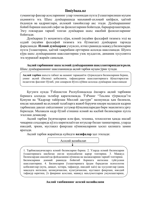 Ilmiybaza.uz 
гуманитар фанлар асосларининг улар томонидан пухта ўзлаштирилиши муҳим 
аҳамиятга эга. Шахс дунёқарашида маънавий-ахлоқий қиёфаси, ҳаётий 
ёндошув ва қадриятлари, ахлоқий тамойиллар акс этади. Дунёқарашнинг 
бойиб бориши шахсий сифат ва фазилатларнин бойитади, барқарорлаштиради. 
Эзгу ғоялардан таркиб топган дунёқараш шахс ижобий фазилатлариниг 
бойитади. 
Дунёқараш ўз моҳиятига кўра, илмий (муайян фалсафий тизимга эга) ва 
оддий (муайян фалсафий тизимга эга бўлмаган) дунёқараш тарзида 
фарқланади. Илмий дунёқараш узлуксиз, изчил равишда мавжуд билимларни 
пухта ўзлаштириш, ҳаётий тажрибани орттириш асосида шаклланади. Шунга 
кўра шахс дунёқарашини шакллантириш узоқ муддатли, динамик хусусиятга 
эга мураккаб жараён саналади.  
 
Ақлий тарбиянинг шахс илмий дунёқарашини шакллантиришдаги роли. 
Шахс дунёқарашининг шаклланишида ақлий тарбия муҳим ўрин тутади.  
 
 
 
 
 
Бугунги кунда Ўзбекистон Республикасида ёшларга ақлий тарбияни 
беришга алоҳида эътибор қаратилмоқда. ЎзРнинг “Таълим тўғрисида”ги 
Қонуни ва “Кадрлар тайёрлаш Миллий дастури” мазмунида ҳам билимли, 
юксак маънавий ва ахлоқий талабларга жавоб берувчи юқори малакали кадрни 
тарбиялаш давлат сиёсатининг устувор йўналишларидан бири эканлигига урғу 
берилади. Малакали кадр бўлиб етишиш илмий ва касбий билимларни пухта 
эгаллаш демакдир.  
Ақлий тарбия ўқувчиларни илм-фан, техника, технология ҳамда ишлаб 
чиқариш соҳаларида қўлга киритилаётган ютуқлар билан таништириш, уларда 
ижодий, эркин, мустақил фикрлаш кўникмаларини ҳосил қилишга замин 
яратади. 
Ақлий тарбия жараёнида қуйидги вазифалар ҳал этилади: 
 
 
 
 
 
 
 
 
 
 
 
 
 
Ақлий тарбия шахсга табиат ва жамият тараққиёти тўғрисидаги билимларнии бериш, 
унинг ақлий (билиш) қобилияти, тафаккурини шакллантиришга йўналтирилган 
педагогик фаолият бўлиб, уни самарали йўлга қўйиш асосида дунёқараш шаклланади 
 
Асосий вазифалар 
1. Тарбияланувчиларга илмий билимларни бериш. 2. Уларда илмий билимларни 
ўзлаштиришга нисбатан онгли муносабатни қарор топтириш. 3. Мавжуд 
билимлардан амалиётда фойдаланиш кўникма ва малакаларини таркиб топтириш. 
Билимларини 
доимий 
равишда 
бойитиб 
боришга 
интилиш 
туйғусини 
шакллантириш. 4. Билимларни ўзлаштиришга ёрдам берадиган психологик 
қобилиятлар (нутқ, диққат, хотира, тафаккур, ижодий хаёл) ва хусусиятлар (аниқ 
мақсадга интилиш, қизиқувчанлик, кузатувчанлик, мустақил фикрлаш, ижодий 
тафакур юритиш, ўз фикрини асослаш, мавжуд маълумотларни умумлаштириш, 
гуруҳлаштириш, мантиқий хулосалар чиқариш ва ҳоказолар)ни ривожлантириш 
Ақлий тарбиянинг асосий вазифалари 
