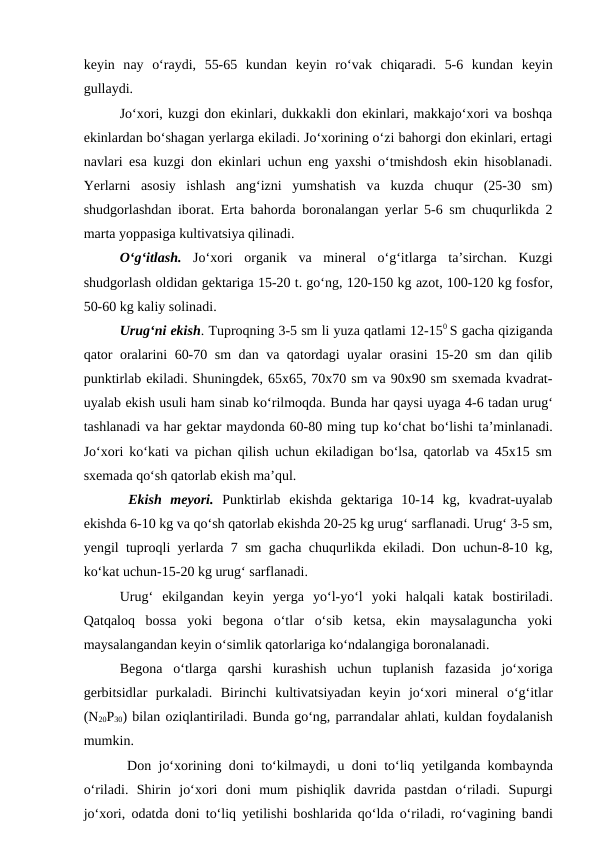 keyin  nay  o‘raydi,  55-65  kundan  keyin  ro‘vak  chiqaradi.  5-6  kundan  keyin
gullaydi.
Jo‘xori, kuzgi don ekinlari, dukkakli don ekinlari, makkajo‘xori va boshqa
ekinlardan bo‘shagan yerlarga ekiladi. Jo‘xorining o‘zi bahorgi don ekinlari, ertagi
navlari esa kuzgi don ekinlari uchun eng yaxshi o‘tmishdosh ekin hisoblanadi.
Yerlarni  asosiy  ishlash  ang‘izni  yumshatish  va kuzda chuqur  (25-30  sm)
shudgorlashdan iborat. Erta bahorda boronalangan yerlar 5-6 sm chuqurlikda 2
marta yoppasiga kultivatsiya qilinadi.
O‘g‘itlash. Jo‘xori  organik  va mineral  o‘g‘itlarga ta’sirchan.  Kuzgi
shudgorlash oldidan gektariga 15-20 t. go‘ng, 120-150 kg azot, 100-120 kg fosfor,
50-60 kg kaliy solinadi. 
Urug‘ni ekish. Tuproqning 3-5 sm li yuza qatlami 12-150 S gacha qiziganda
qator oralarini 60-70 sm dan va qatordagi uyalar orasini 15-20 sm dan qilib
punktirlab ekiladi. Shuningdek, 65x65, 70x70 sm va 90x90 sm sxemada kvadrat-
uyalab ekish usuli ham sinab ko‘rilmoqda. Bunda har qaysi uyaga 4-6 tadan urug‘
tashlanadi va har gektar maydonda 60-80 ming tup ko‘chat bo‘lishi ta’minlanadi.
Jo‘xori ko‘kati va pichan qilish uchun ekiladigan bo‘lsa, qatorlab va 45x15 sm
sxemada qo‘sh qatorlab ekish ma’qul.
 Ekish  meyori. Punktirlab  ekishda  gektariga  10-14  kg,  kvadrat-uyalab
ekishda 6-10 kg va qo‘sh qatorlab ekishda 20-25 kg urug‘ sarflanadi. Urug‘ 3-5 sm,
yengil tuproqli yerlarda 7 sm gacha chuqurlikda ekiladi. Don uchun-8-10 kg,
ko‘kat uchun-15-20 kg urug‘ sarflanadi.
Urug‘  ekilgandan  keyin  yerga yo‘l-yo‘l  yoki  halqali  katak  bostiriladi.
Qatqaloq  bossa  yoki  begona  o‘tlar  o‘sib  ketsa,  ekin  maysalaguncha  yoki
maysalangandan keyin o‘simlik qatorlariga ko‘ndalangiga boronalanadi.
Begona o‘tlarga qarshi  kurashish  uchun  tuplanish  fazasida jo‘xoriga
gerbitsidlar  purkaladi.  Birinchi  kultivatsiyadan  keyin  jo‘xori  mineral  o‘g‘itlar
(N20P30) bilan oziqlantiriladi. Bunda go‘ng, parrandalar ahlati, kuldan foydalanish
mumkin.
 Don jo‘xorining doni to‘kilmaydi, u doni to‘liq yetilganda kombaynda
o‘riladi.  Shirin  jo‘xori  doni  mum  pishiqlik  davrida pastdan  o‘riladi.  Supurgi
jo‘xori,  odatda doni to‘liq  yetilishi boshlarida qo‘lda o‘riladi, ro‘vagining bandi
