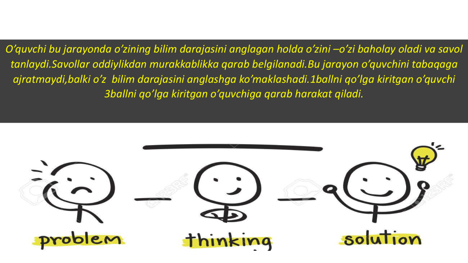 O’quvchi bu jarayonda o’zining bilim darajasini anglagan holda o’zini –o’zi baholay oladi va savol
tanlaydi.Savollar oddiylikdan murakkablikka qarab belgilanadi.Bu jarayon o’quvchini tabaqaga
ajratmaydi,balki o’z bilim darajasini anglashga ko’maklashadi.1ballni qo’lga kiritgan o’quvchi
3ballni qo’lga kiritgan o’quvchiga qarab harakat qiladi.
