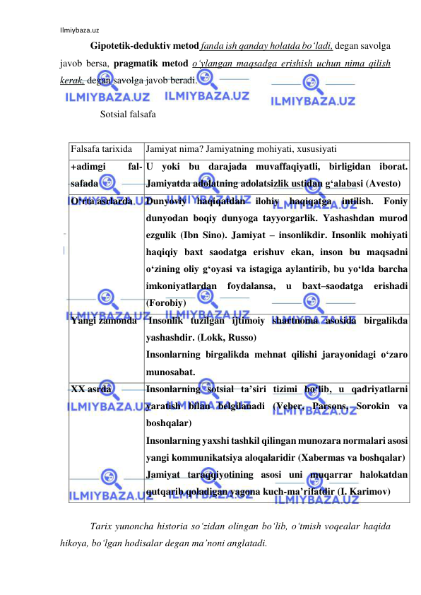 Ilmiybaza.uz 
 
Gipotetik-deduktiv metod fanda ish qanday holatda bo‘ladi, degan savolga 
javob bersa, pragmatik metod o‘ylangan maqsadga erishish uchun nima qilish 
kerak, degan savolga javob beradi. 
 
Sotsial falsafa 
 
Falsafa tarixida 
Jamiyat nima? Jamiyatning mohiyati, xususiyati 
+adimgi 
fal-
safada 
U yoki bu darajada muvaffaqiyatli, birligidan iborat. 
Jamiyatda adolatning adolatsizlik ustidan g‘alabasi (Avesto) 
O‘rta asrlarda 
Dunyoviy haqiqatdan ilohiy haqiqatga intilish. Foniy 
dunyodan boqiy dunyoga tayyorgarlik. Yashashdan murod 
ezgulik (Ibn Sino). Jamiyat – insonlikdir. Insonlik mohiyati 
haqiqiy baxt saodatga erishuv ekan, inson bu maqsadni 
o‘zining oliy g‘oyasi va istagiga aylantirib, bu yo‘lda barcha 
imkoniyatlardan 
foydalansa, 
u 
baxt–saodatga 
erishadi 
(Forobiy) 
Yangi zamonda  Insonlik tuzilgan ijtimoiy shartnoma asosida birgalikda 
yashashdir. (Lokk, Russo) 
Insonlarning birgalikda mehnat qilishi jarayonidagi o‘zaro 
munosabat. 
XX asrda 
Insonlarning sotsial ta’siri tizimi bo‘lib, u qadriyatlarni 
yaratish bilan belgilanadi (Veber, Parsons, Sorokin va 
boshqalar) 
Insonlarning yaxshi tashkil qilingan munozara normalari asosi 
yangi kommunikatsiya aloqalaridir (Xabermas va boshqalar) 
Jamiyat taraqqiyotining asosi uni muqarrar halokatdan 
qutqarib qoladigan yagona kuch-ma’rifatdir (I. Karimov) 
 
Tarix yunoncha historia so‘zidan olingan bo‘lib, o‘tmish voqealar haqida 
hikoya, bo‘lgan hodisalar degan ma’noni anglatadi.  
