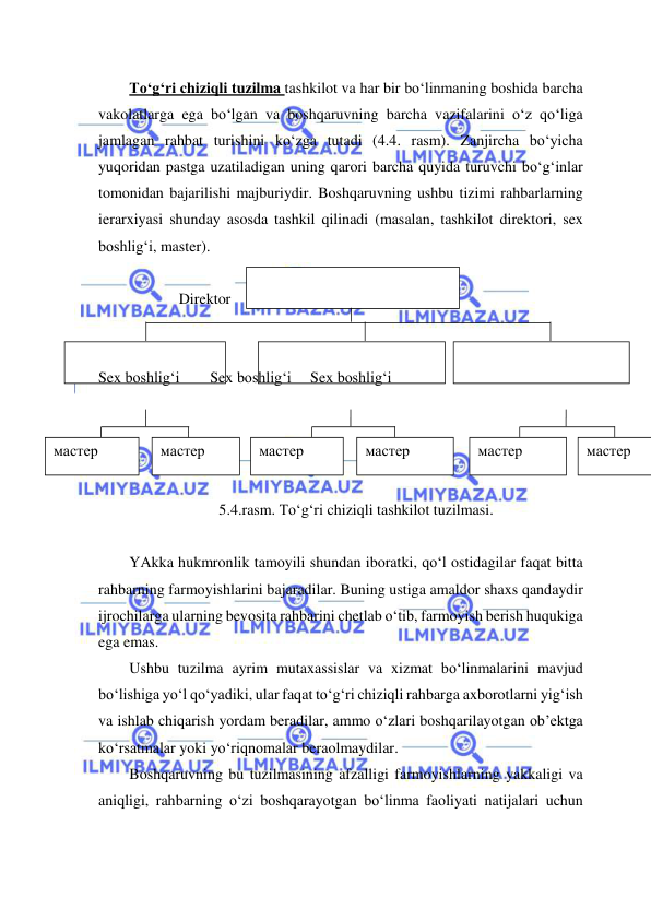  
 
мастер 
To‘g‘ri chiziqli tuzilma tashkilot va har bir bo‘linmaning boshida barcha 
vakolatlarga ega bo‘lgan va boshqaruvning barcha vazifalarini o‘z qo‘liga 
jamlagan rahbat turishini ko‘zga tutadi (4.4. rasm). Zanjircha bo‘yicha 
yuqoridan pastga uzatiladigan uning qarori barcha quyida turuvchi bo‘g‘inlar 
tomonidan bajarilishi majburiydir. Boshqaruvning ushbu tizimi rahbarlarning 
ierarxiyasi shunday asosda tashkil qilinadi (masalan, tashkilot direktori, sex 
boshlig‘i, master). 
  
             Direktor 
   
 
Sex boshlig‘i        Sex boshlig‘i     Sex boshlig‘i 
 
 
 
 
5.4.rasm. To‘g‘ri chiziqli tashkilot tuzilmasi. 
 
YAkka hukmronlik tamoyili shundan iboratki, qo‘l ostidagilar faqat bitta 
rahbarning farmoyishlarini bajaradilar. Buning ustiga amaldor shaxs qandaydir 
ijrochilarga ularning bevosita rahbarini chetlab o‘tib, farmoyish berish huqukiga 
ega emas. 
Ushbu tuzilma ayrim mutaxassislar va xizmat bo‘linmalarini mavjud 
bo‘lishiga yo‘l qo‘yadiki, ular faqat to‘g‘ri chiziqli rahbarga axborotlarni yig‘ish 
va ishlab chiqarish yordam beradilar, ammo o‘zlari boshqarilayotgan ob’ektga 
ko‘rsatmalar yoki yo‘riqnomalar beraolmaydilar. 
Boshqaruvning bu tuzilmasining afzalligi farmoyishlarning yakkaligi va 
aniqligi, rahbarning o‘zi boshqarayotgan bo‘linma faoliyati natijalari uchun 
мастер 
мастер 
мастер 
мастер 
мастер 
